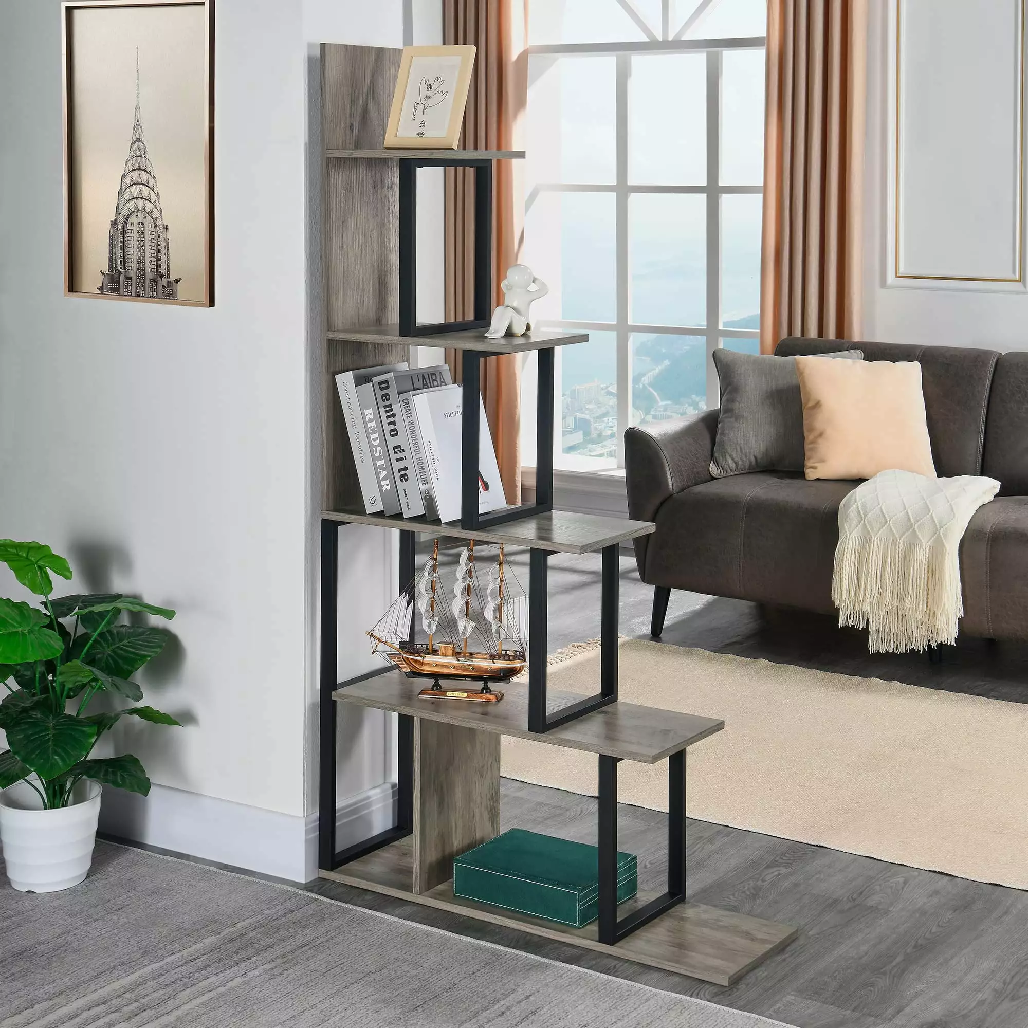 JESONVID L Shaped Bookshelf 5-Tier Industrial Vintage Book Shelf Room Divider Freestanding Corner Bookcase Nude Ivory