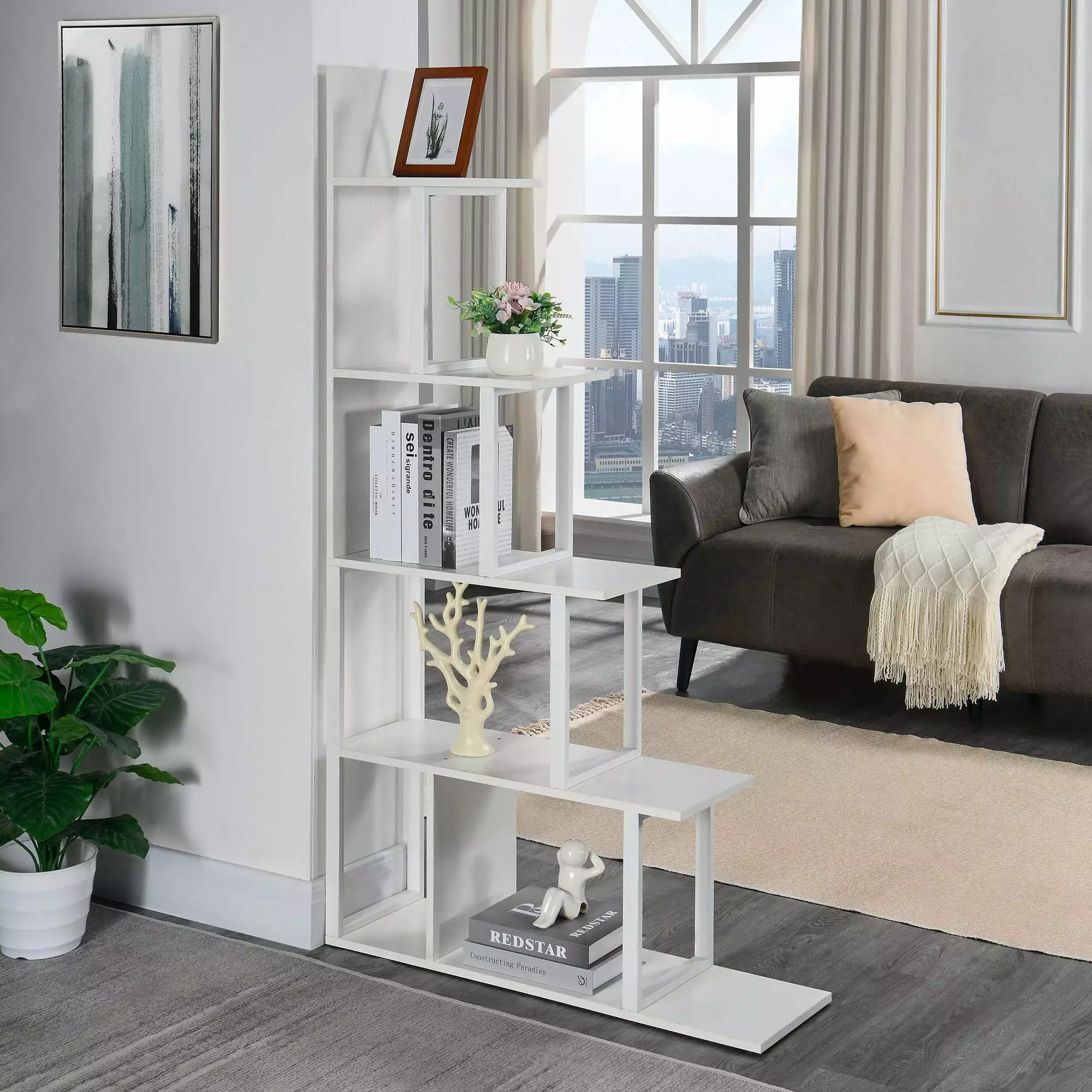 JESONVID L Shaped Bookshelf 5-Tier Modern Normcore Book Shelf Room Divider Freestanding Corner Bookcase White