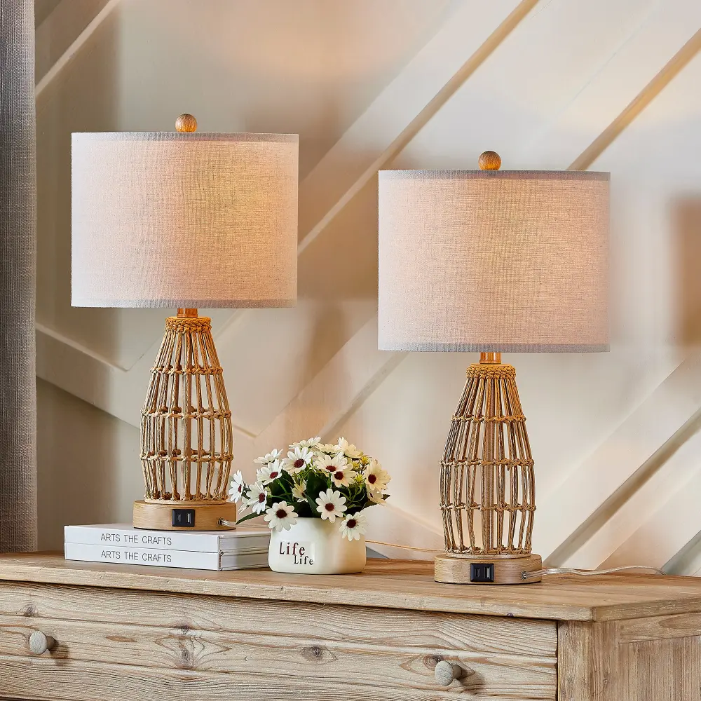 20.5'' Country Paper Rope Bedside Table Lamp Living Room/Bedroom adjust 2)#T247