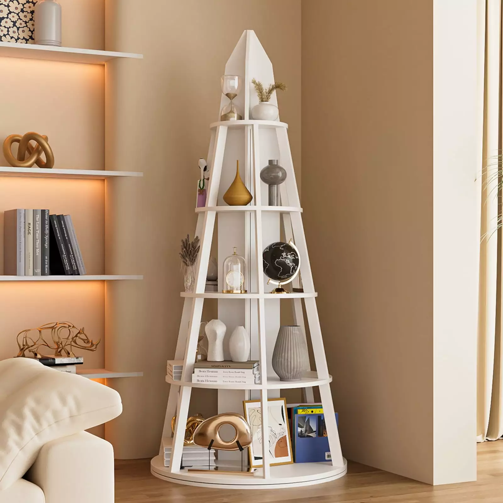 5 Tier Rotating Bookshelf 360 Display Wood Spinning Bookcase Tower Corner Storage AldawinLe