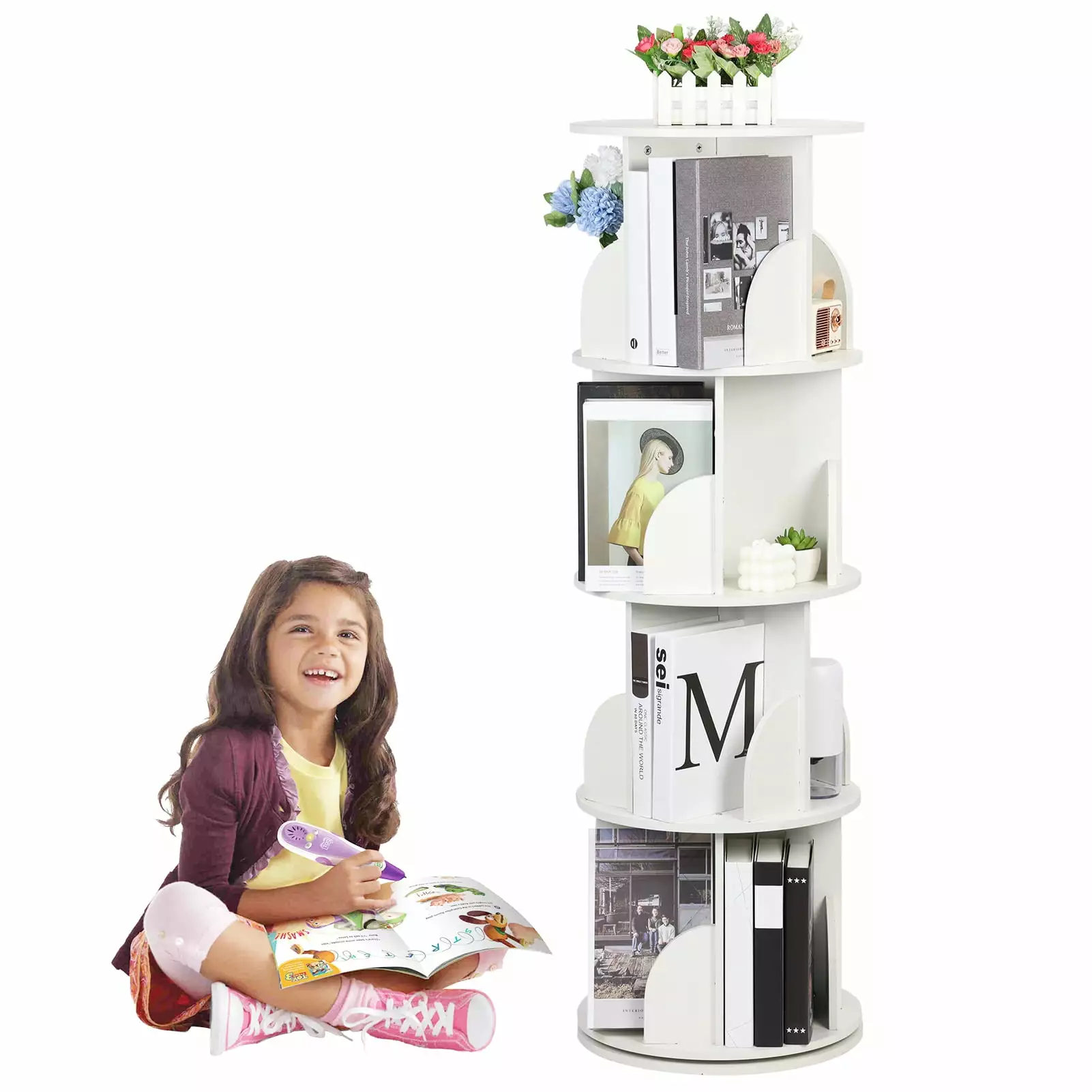AQSQ Spinning Bookshelf 360 Rotation Display 4 Tier Floor Standing Bookcase Kids Room Small Space