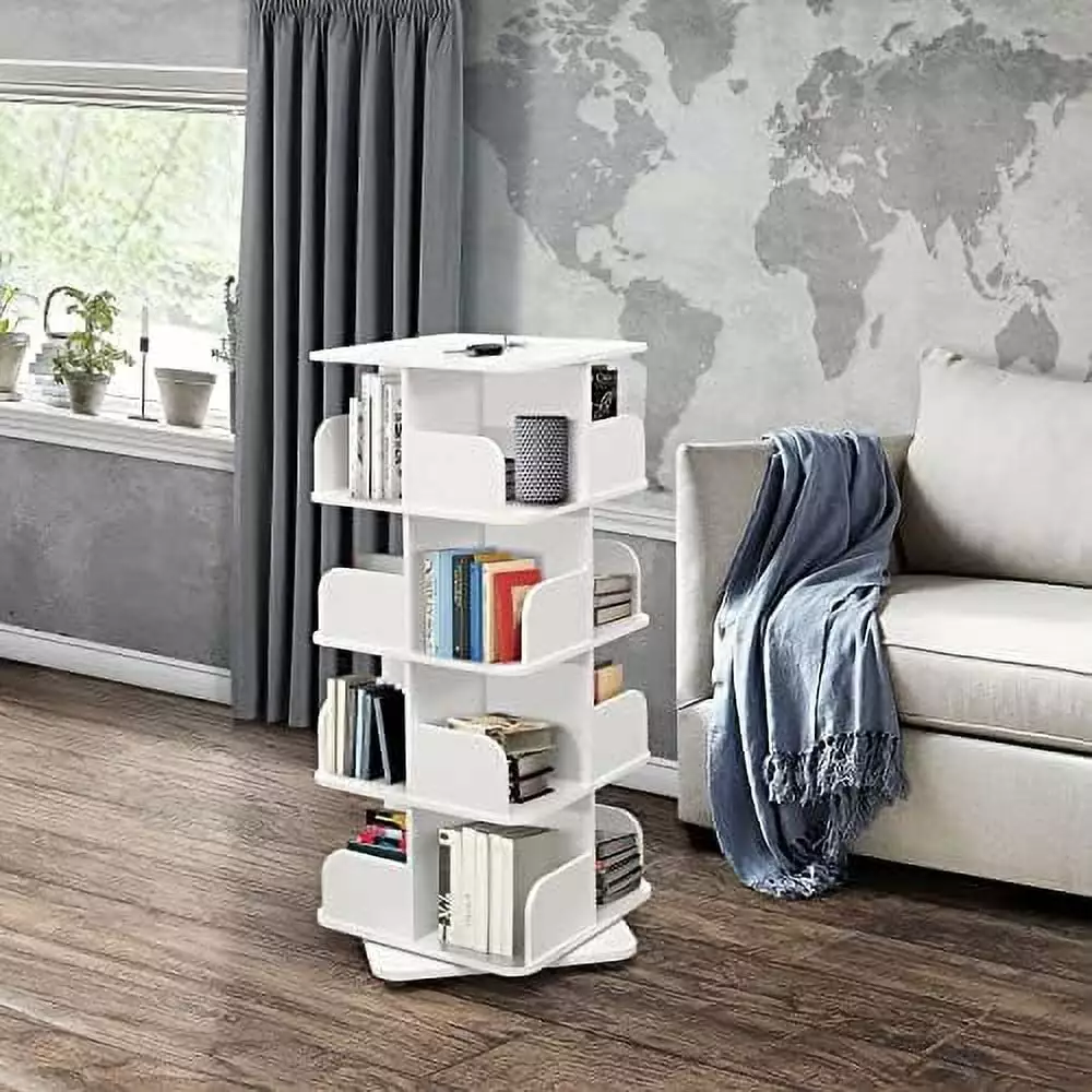 CHONGYAO 4 Tier Revolving Bookcase Bookshelf Media Storage Cabinet White Living Room Office