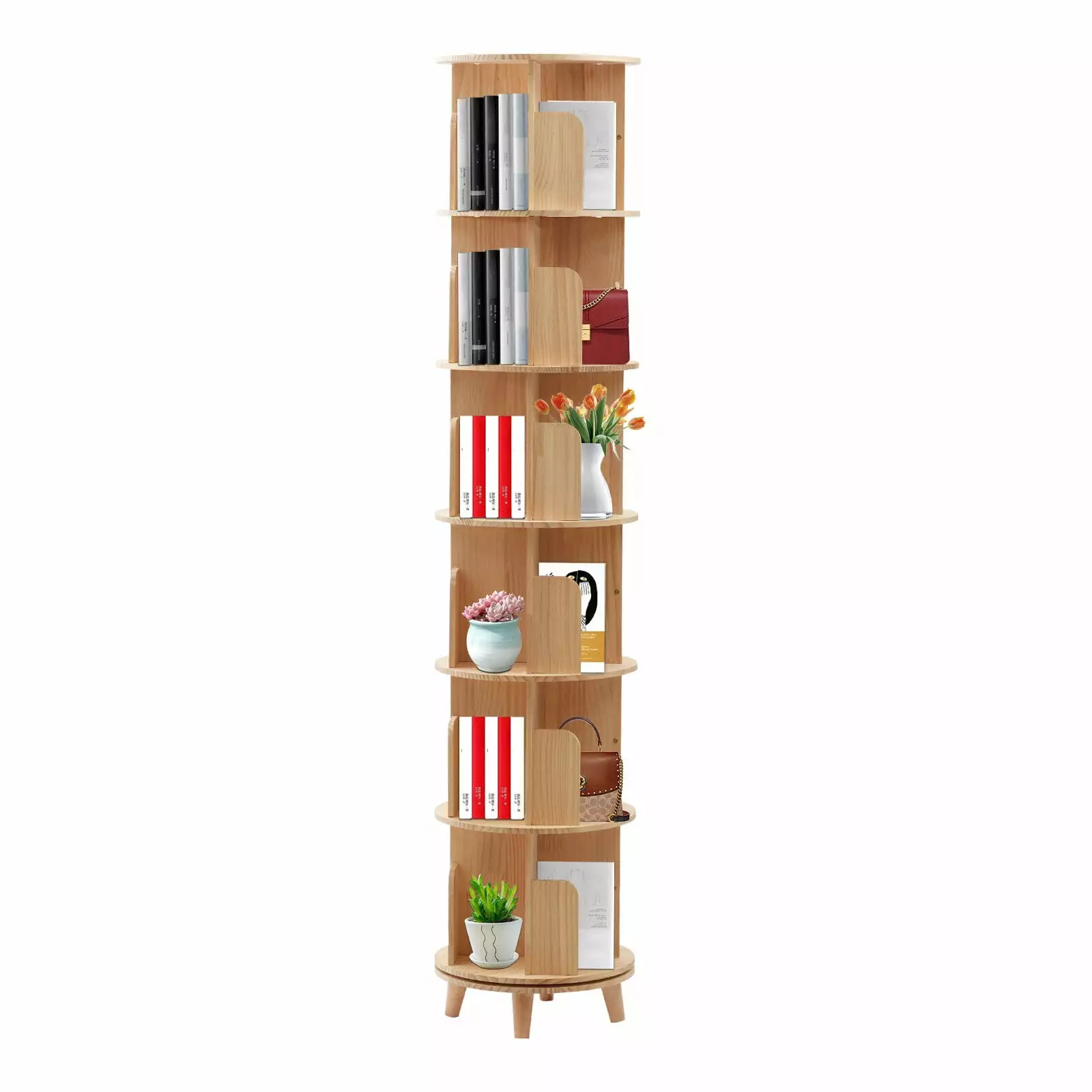 DENEST 360° Rotation Bookshelf - Stackable Corner Shelf Pine Wood