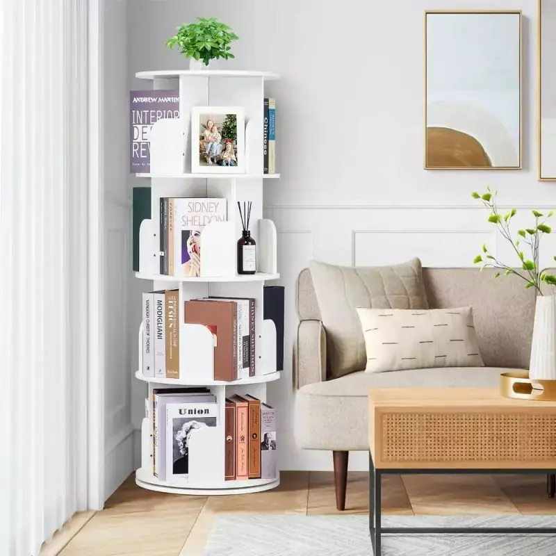4-Tier Rotating Bookshelf Small Corner 360 Display Floor Standing Bookcase White Generic