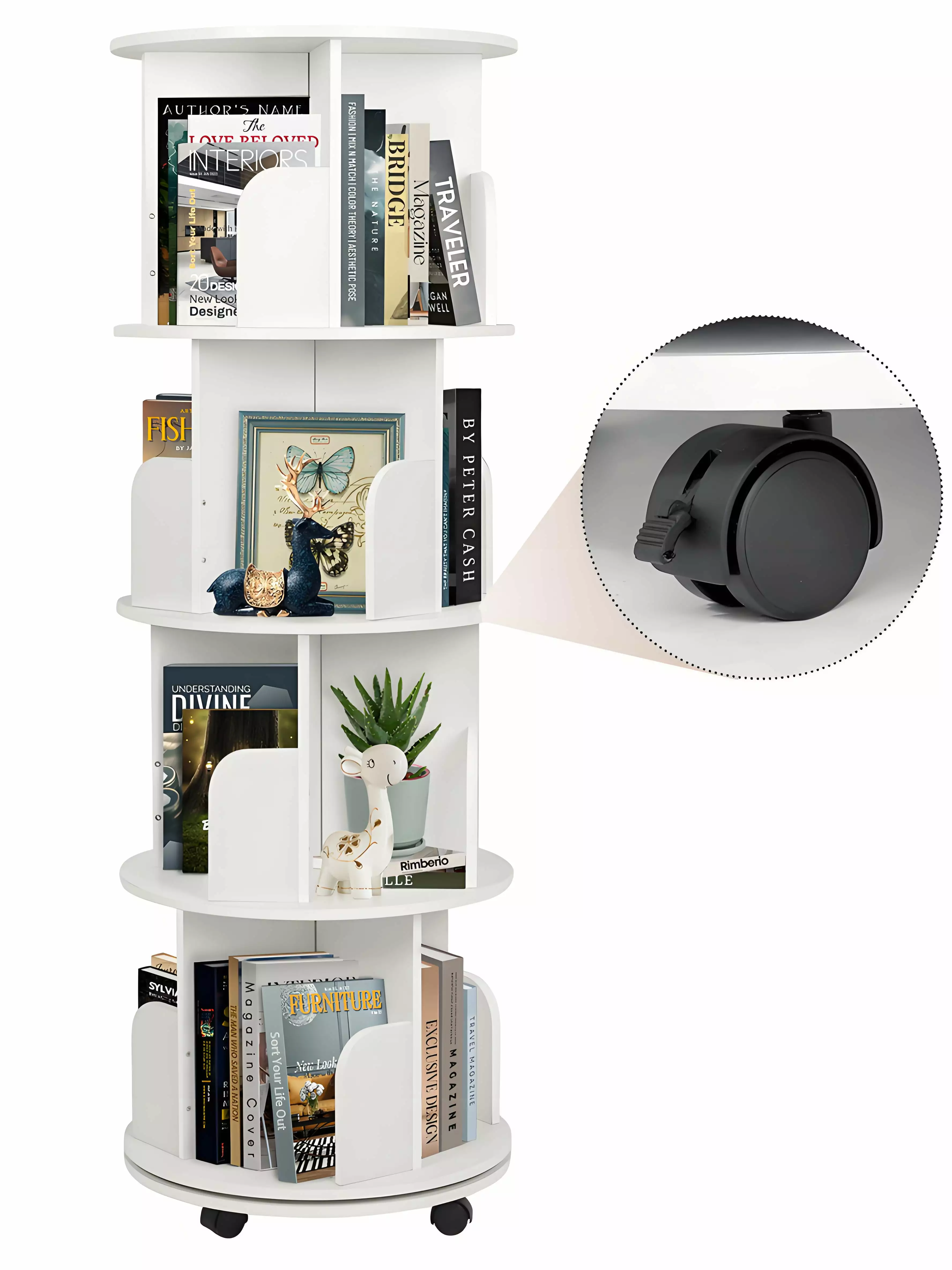 Gtouse 4-Tier Rotating Bookshelf 360 Rotating Bookcase Castors Corner Display Storage Shelf Bedroom Living Room Study Office