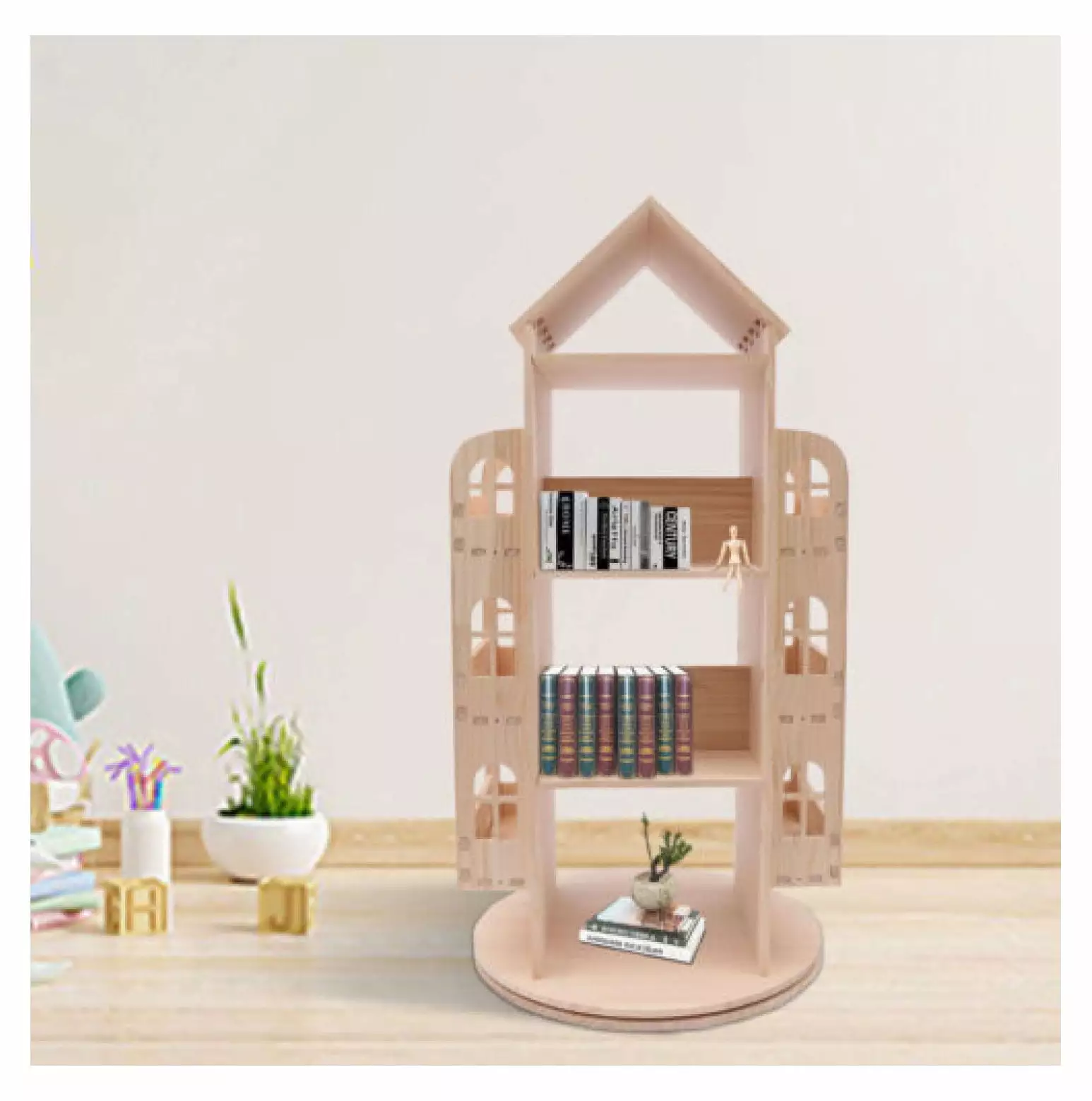 Hongwa Wood Rotating Bookshelf 360 Display Floor Standing Bookcase Kids