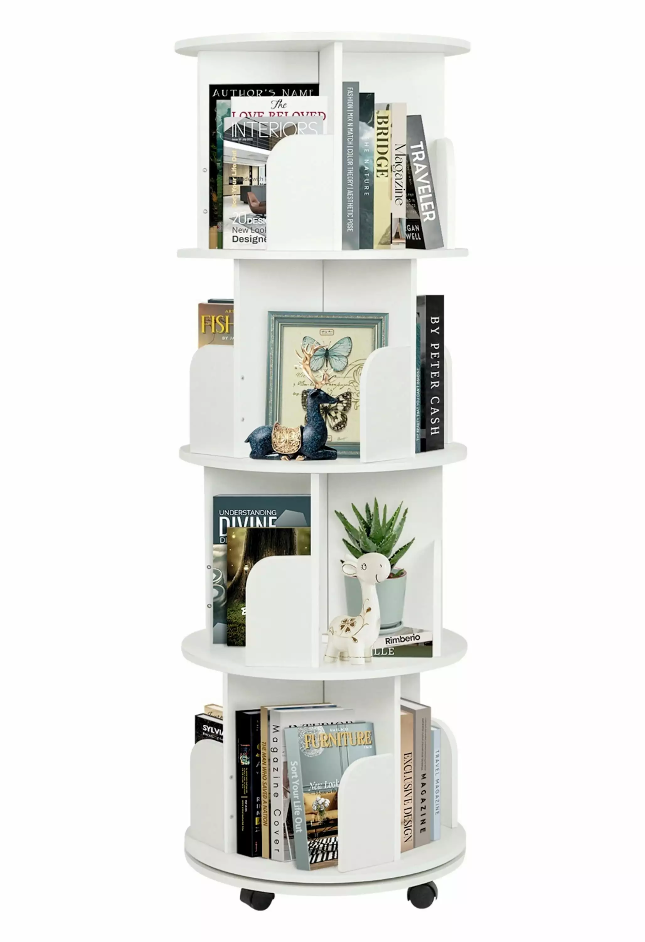 IAJXWI Rotating Bookshelf Corner Bookshelf Tower Wheels 360 Spinning 4 Tier Floor Standing Bookcase Display Rack White