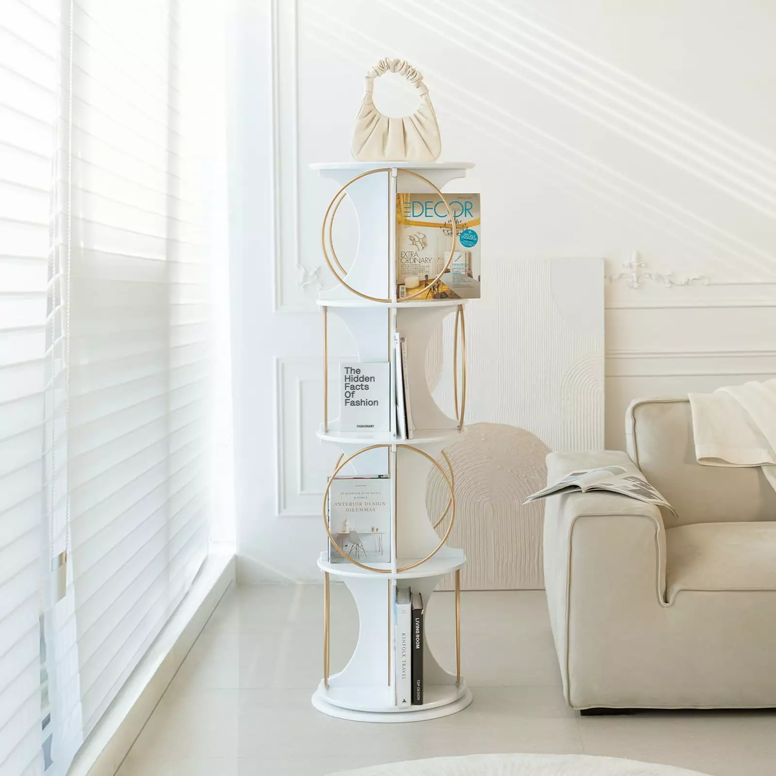 OYang 360 Rotating Bookshelf Tower 4-Tier Spinning Bookcase Storage Rack Bedroom Living Room Study Small Space