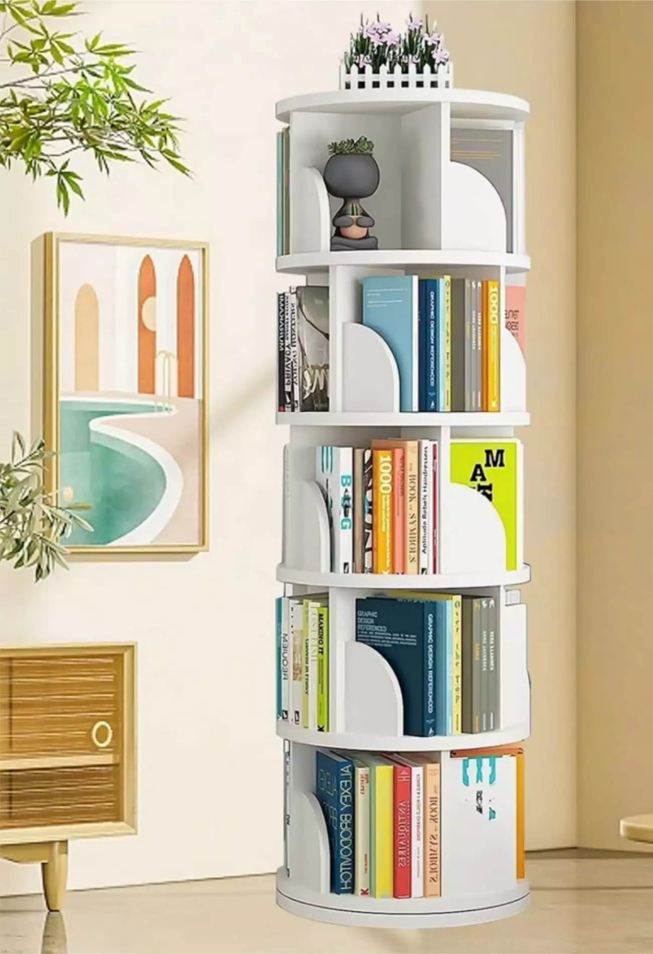 Qunbio 5 Tier Rotating Bookshelf 360 Degrees Revolving Bookcase 20 Shelves Corner Freestanding Storage Shelf