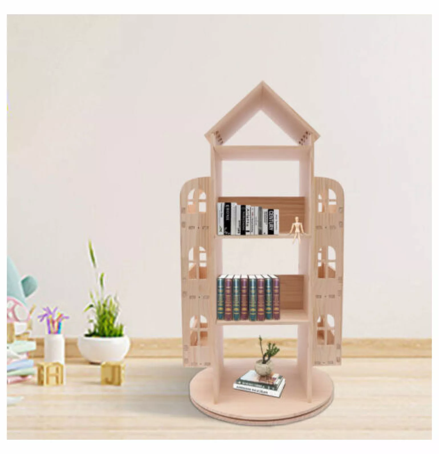 Superwum Wood Rotating Bookshelf 360 Display Floor Standing Bookcase Kids