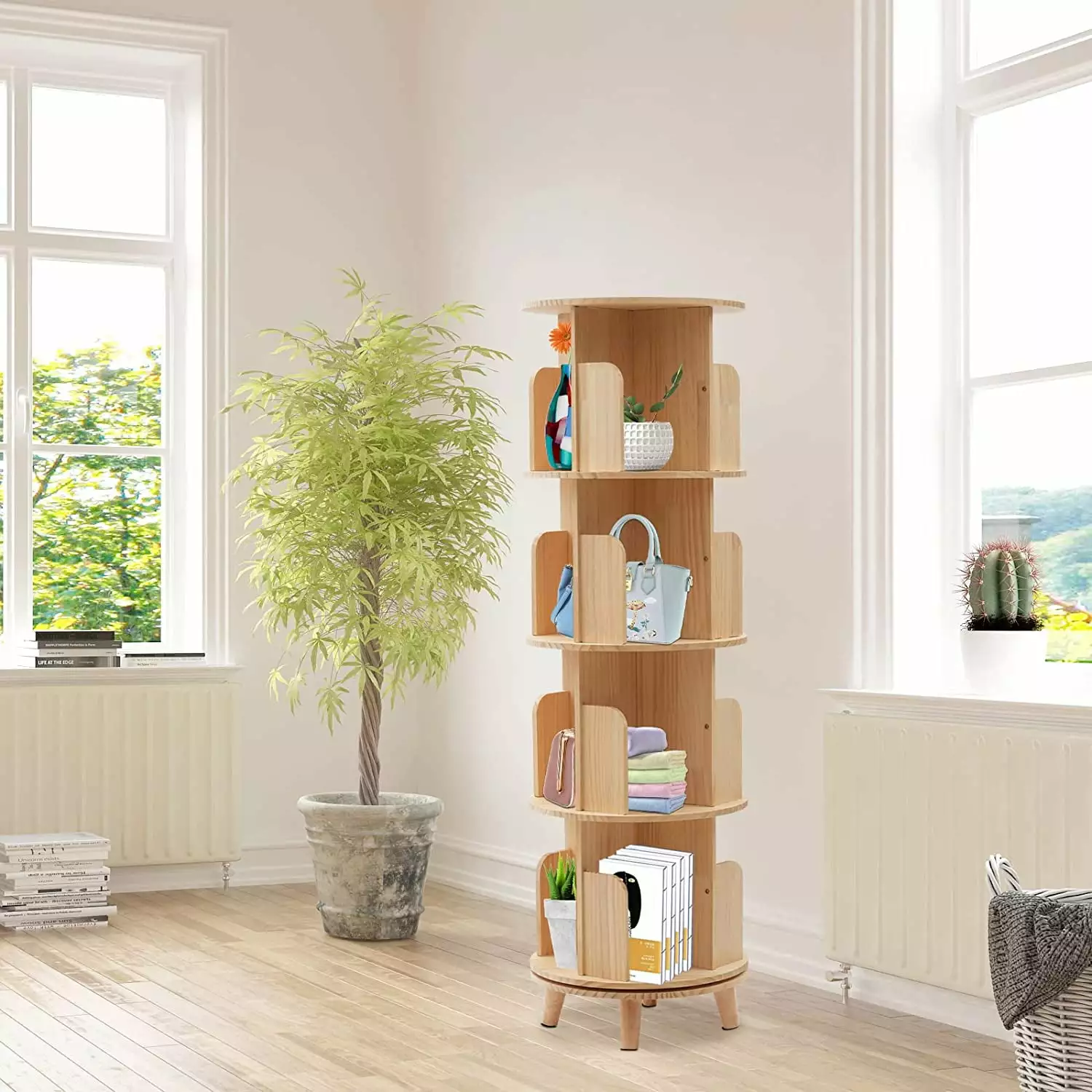 Rotating Bookshelf 4 Tier Solid Wood 360 Display Floor Standing Bookcase Storage Rack WRP