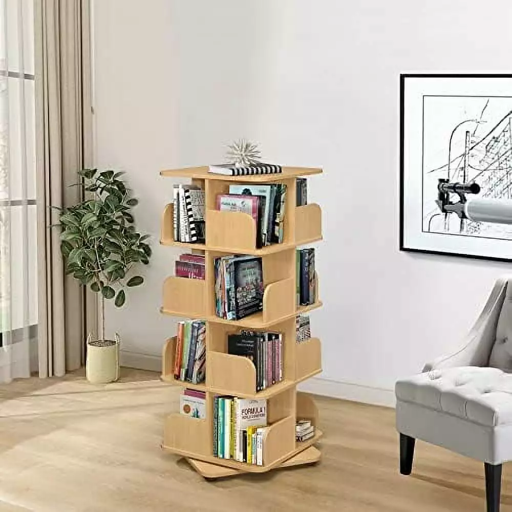 XINZHEN 4 Tier Revolving Bookcase Bookshelf Media Storage Cabinet Natural Wood Finish Home Decor