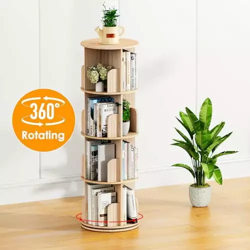 Rotating Bookshelf Wood Corner Bookshelf 360 Display 4 Tier Spinning Bookcase Storage Rack Floor Standing Revolving Narrow...