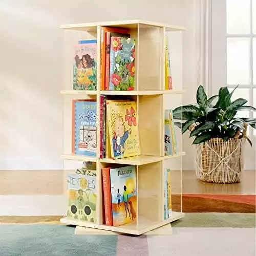 CHONGYAO EdQ Rotating Book Display Birch Spinning Plywood Storage Bookshelf Acrylic Windows