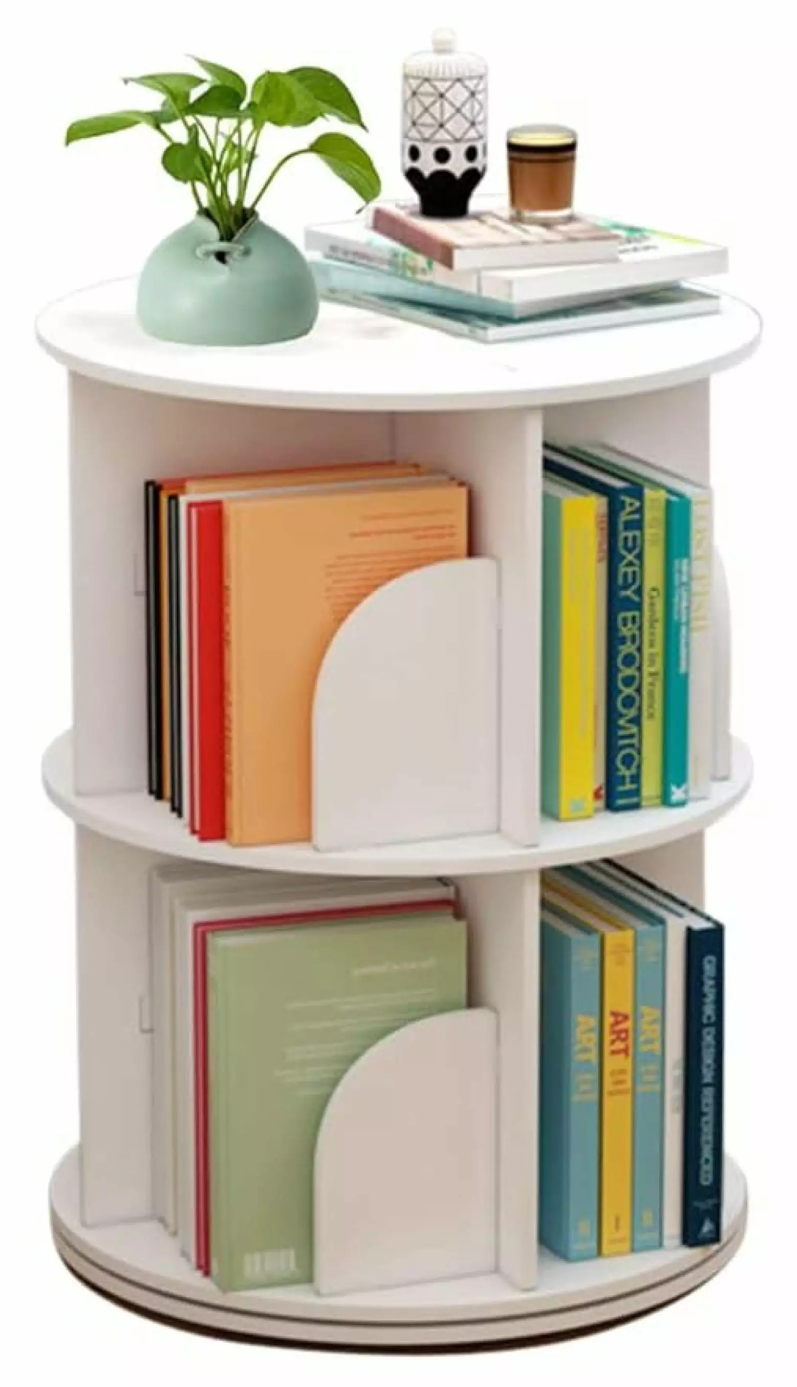 White 2 Tier Nordic Rotating Bookshelf Smooth Corners Living Room Bedroom Study Office Exlonjet
