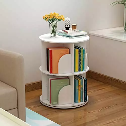 White 2 Tier Nordic Style Rotating Bookshelf Smooth Corners Display Bookcase Living Room FangYu