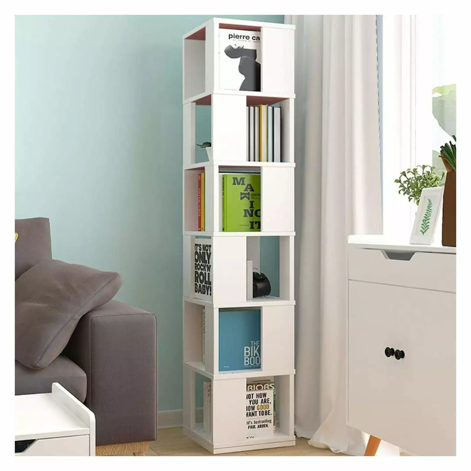 Werqueid 6 Tier Wooden Bookcase Corner Tall Book Shelf Modern 360 Rotating Storage Display Rack Home Office Living Room St...