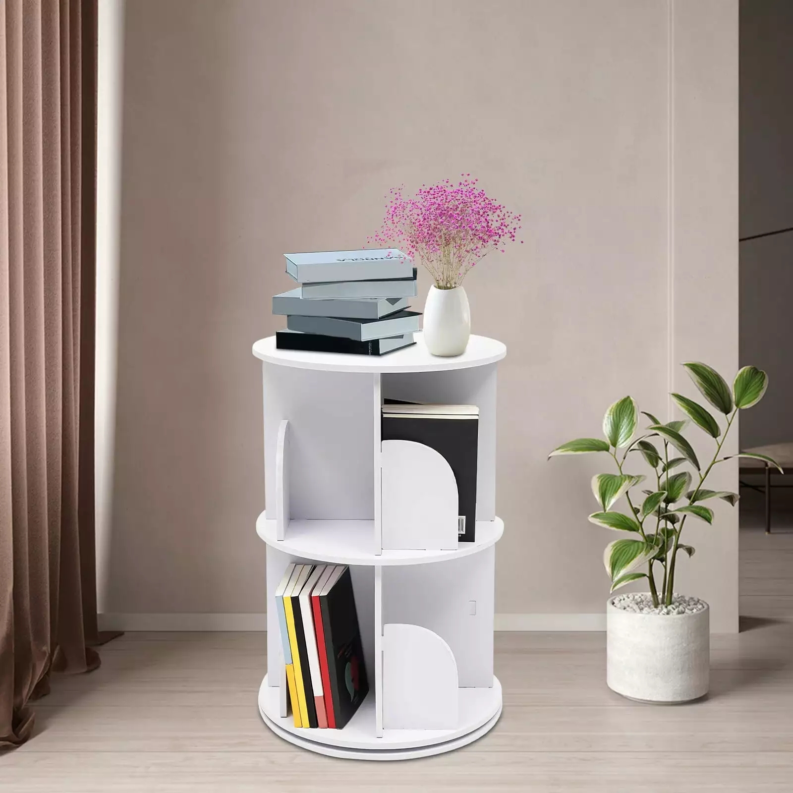 Wuzstar 2-Layer 360 Rotating Bookshelf Bookcase Freestanding Storage Shelf Small Corner Bookshelf