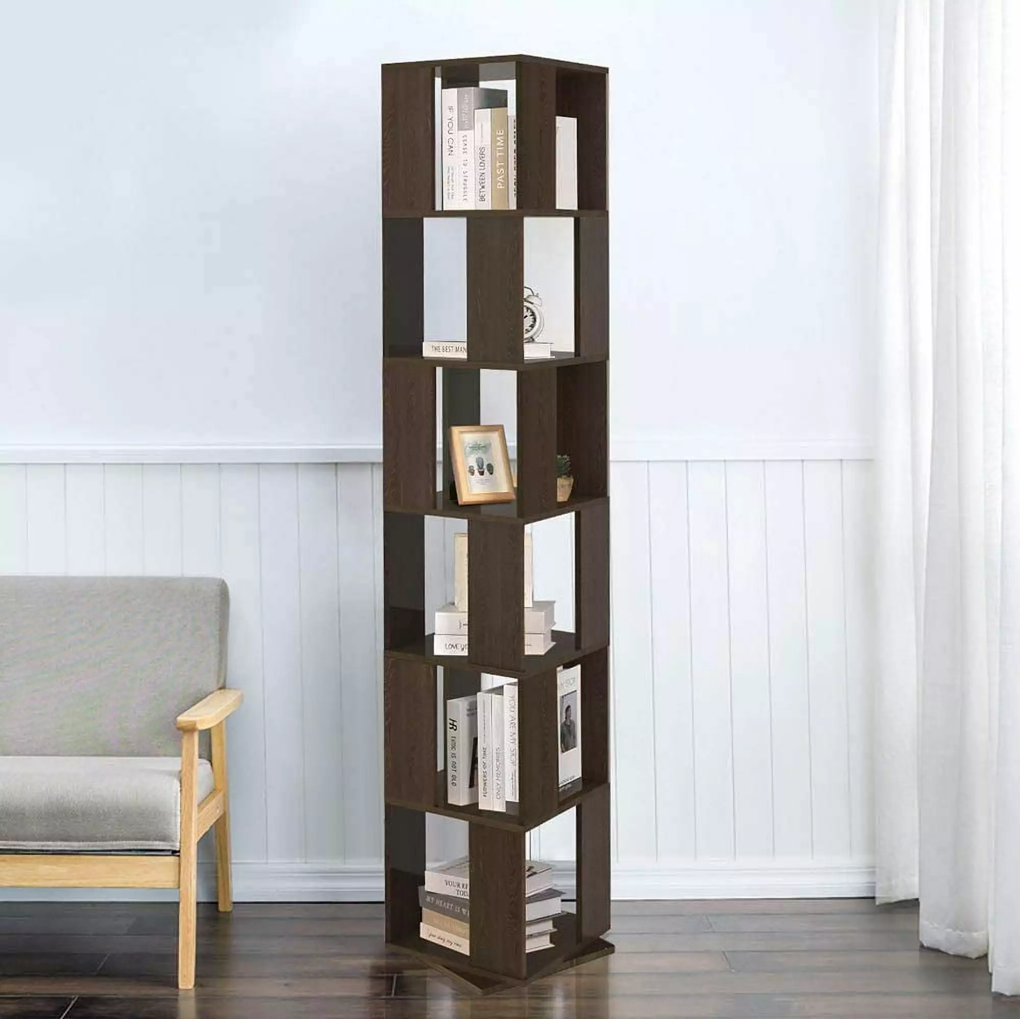 6 Tier Wooden Bookcase Corner Tall Shelf Modern 360 Rotating Storage Display Rack Black Walnut XINZHEN