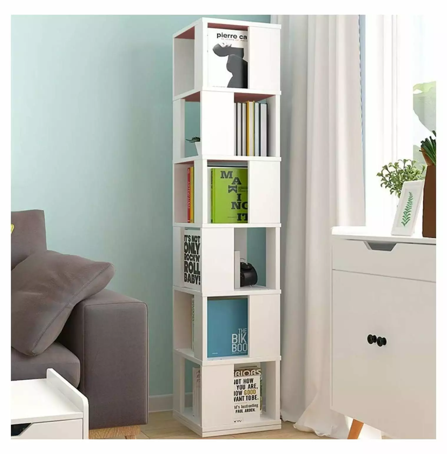 6 Tier Wooden Bookcase Corner Tall Book Shelf Modern 360 Rotating Storage Display Rack Floor Standing Shelves Zhao he