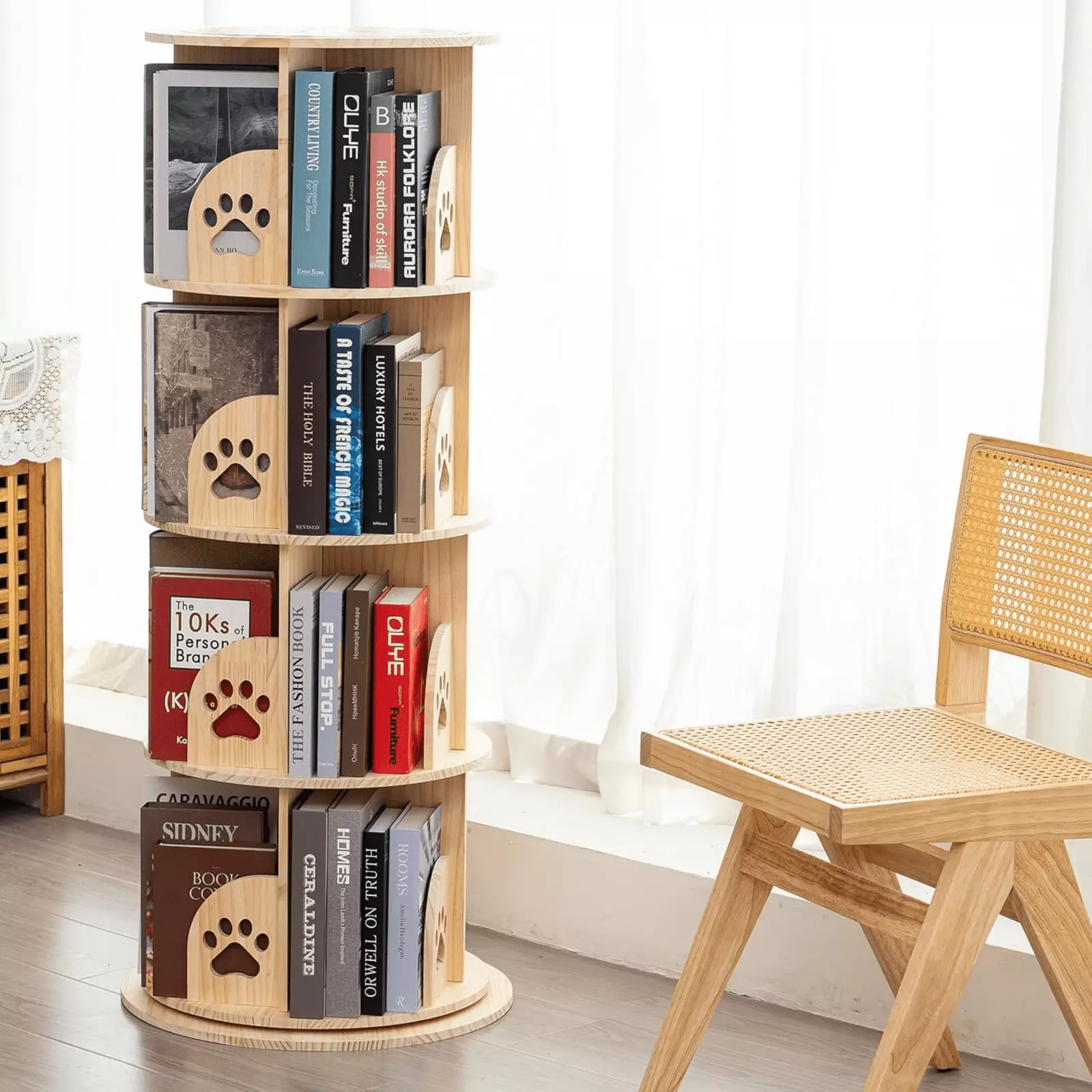 Rotating Bookshelf - Solid Wood 4 Tier Kids Bookshelf Small Spaces - 360 Display Bookcase Bedroom and Living Room FHWM2