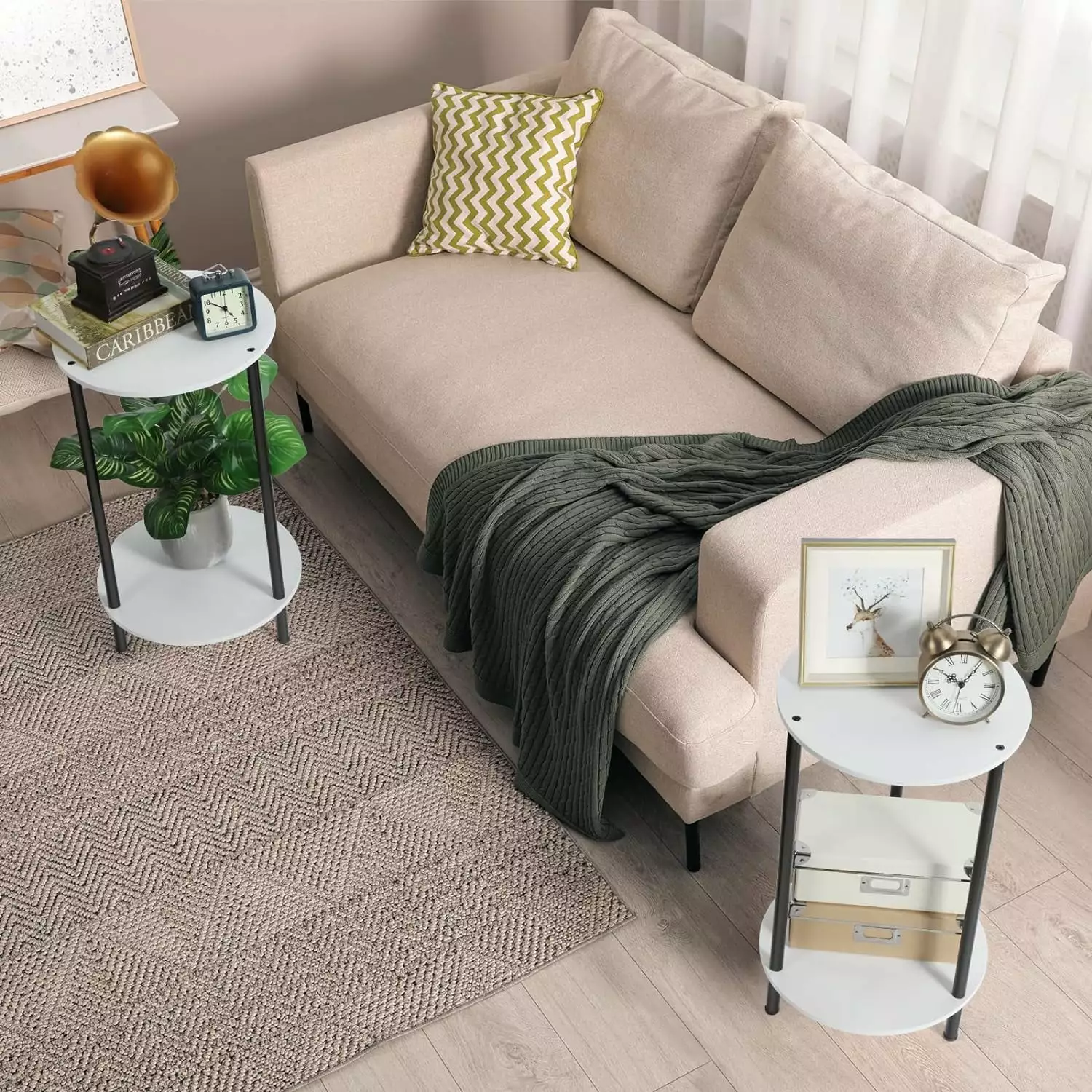 Round Nightstand Coffee Table White Office Bedroom Set 2 Modern Side Tables Oumilen