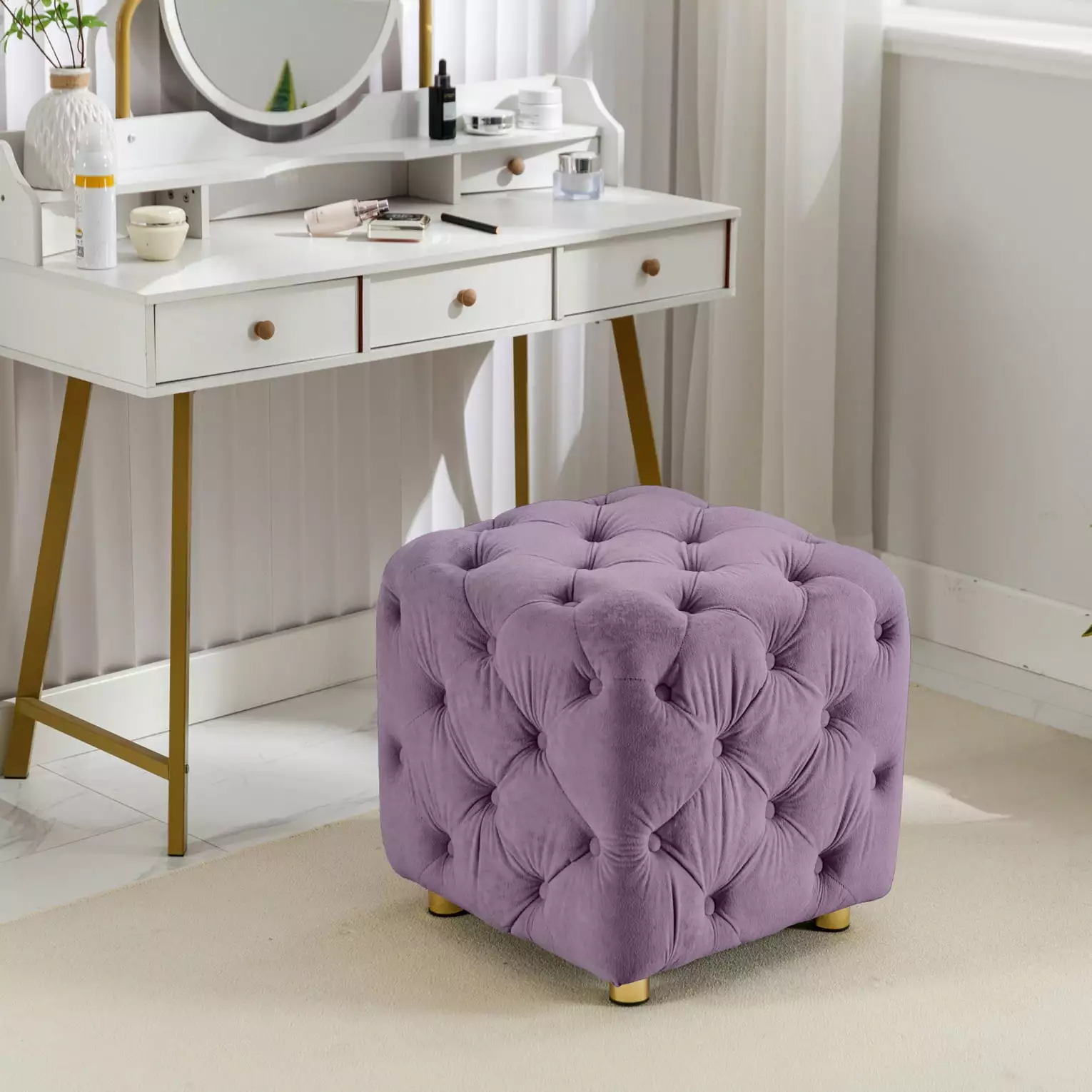 Round Velvet Storage Ottoman Wooden Frame & Golden Legs - Square Button Tufted Footstool Ottomans Triple Tree