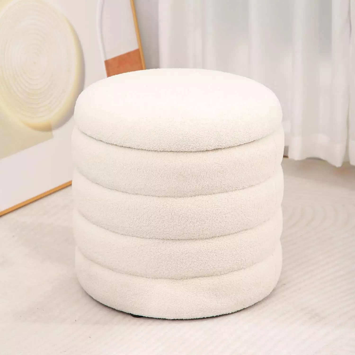 Modern Teddy Velvet Round Ottoman Storage - Upholstered Foot Stool White Ottomans YoJoFHM