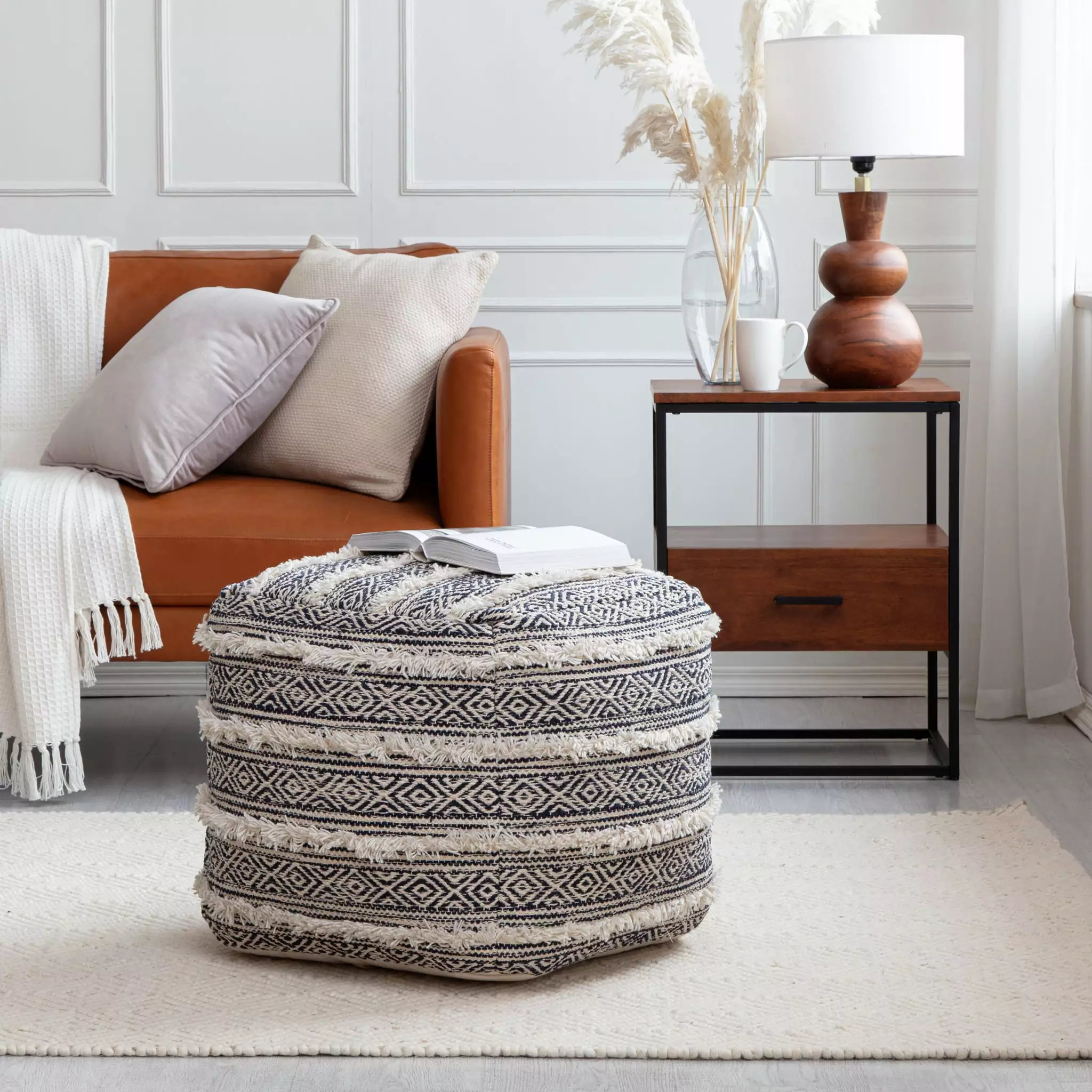 Ouray 20 x 20 x 20 Blue Ivory Pouf Modern Decorative Footrest Anji Mountain