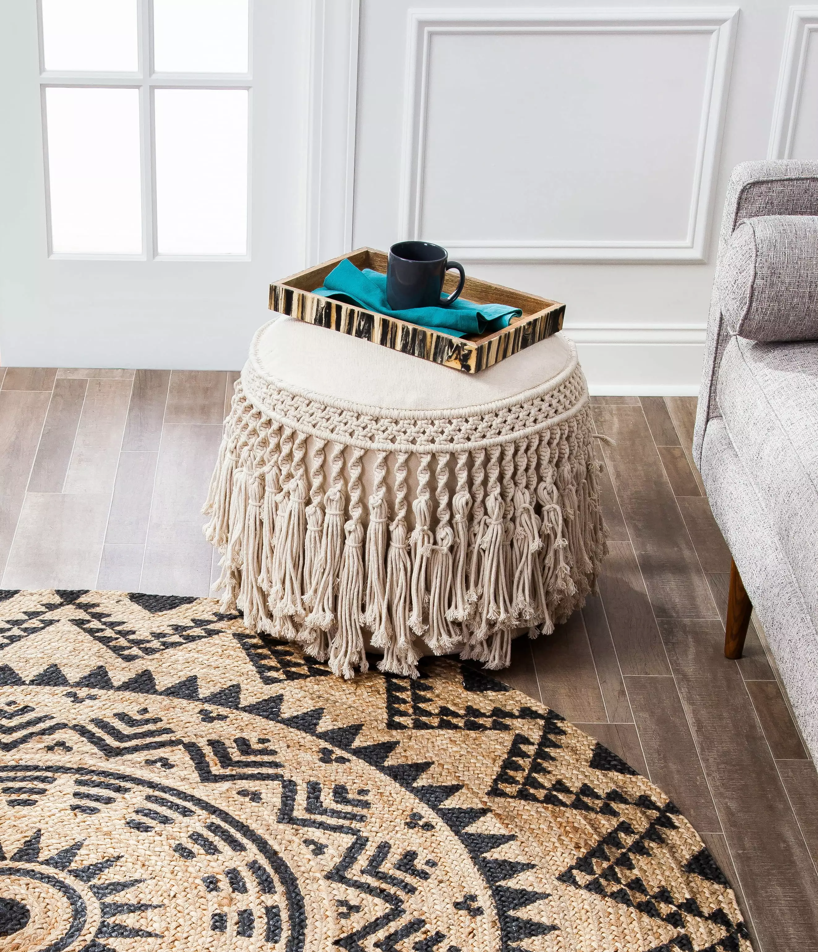 Pretty Bird 18 x 20 Ivory Macrame Pouf Handmade Boho Ottoman Anji Mountain