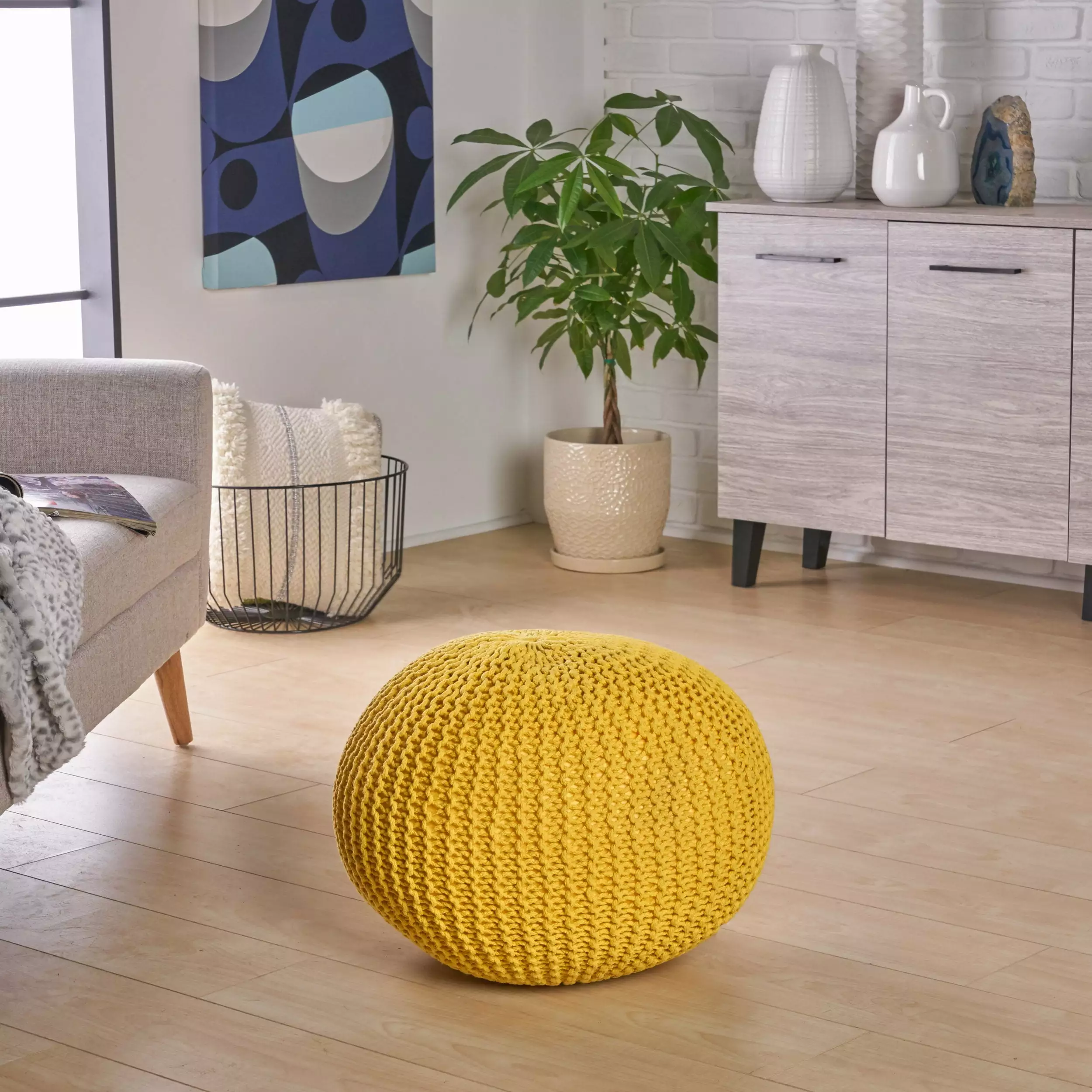 GDF Studio Patty Modern Cotton Knit Round Pouf Yellow Stylish Footrest GDFSTUDIO