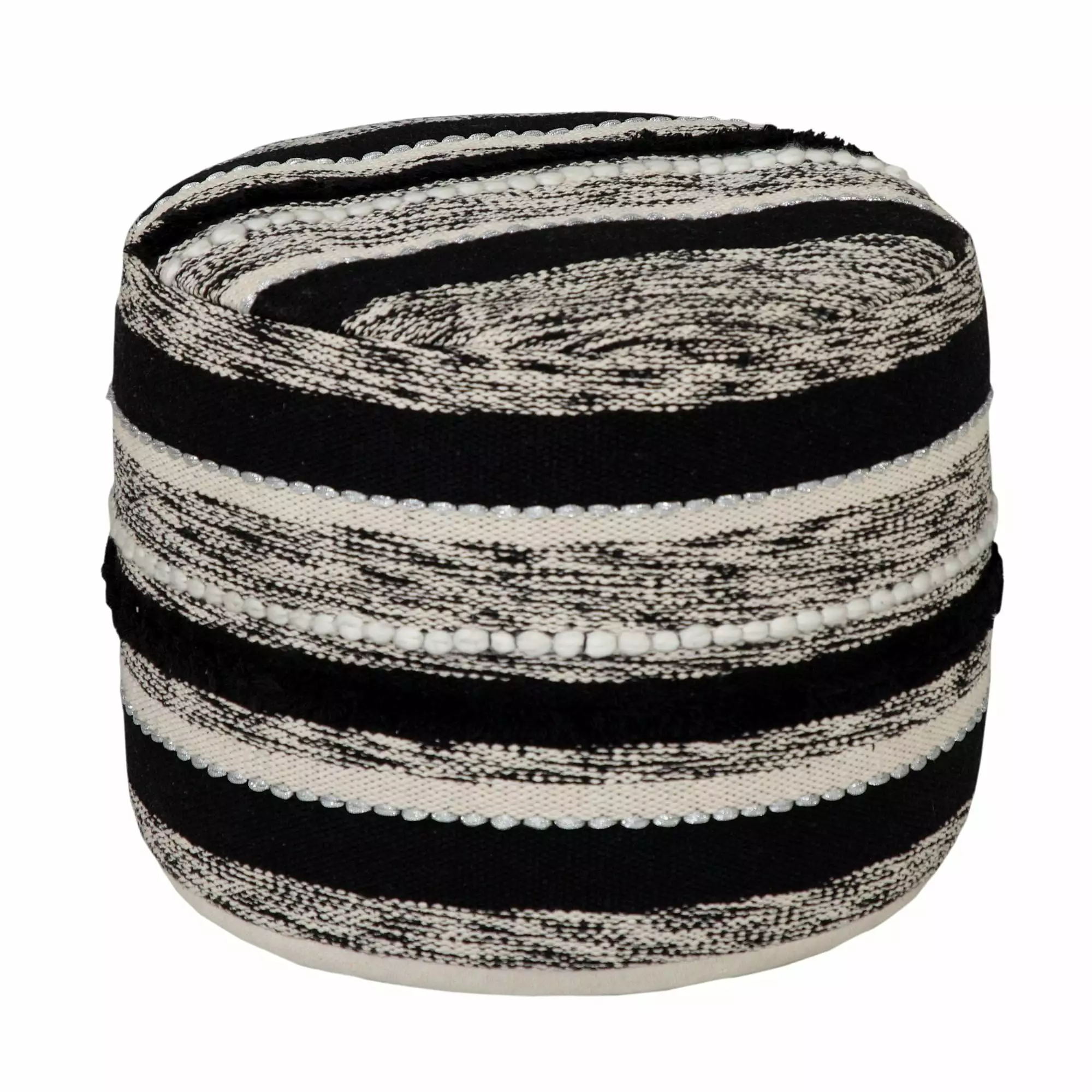Laddha Home Designs 18 Black and White Geometric Striped Hand Loomed Round Pouf Ottoman