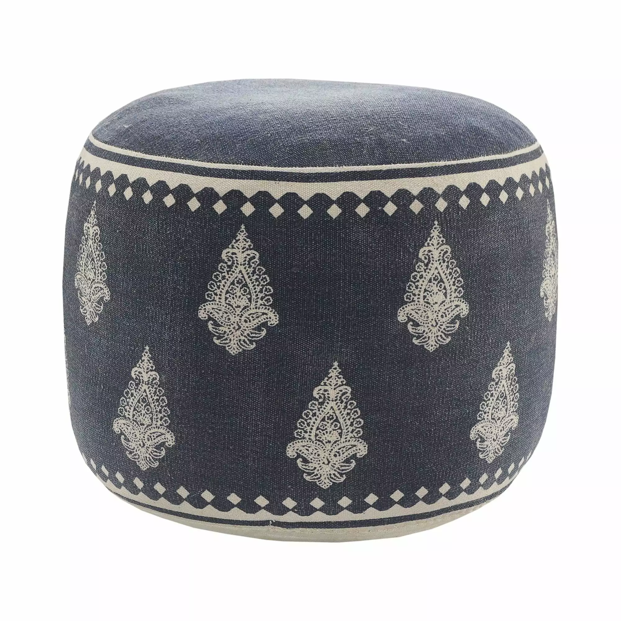 Laddha Home Designs 18 Blue and Beige Bordered Fairy Tale Artisan-made Round Pouf Ottoman