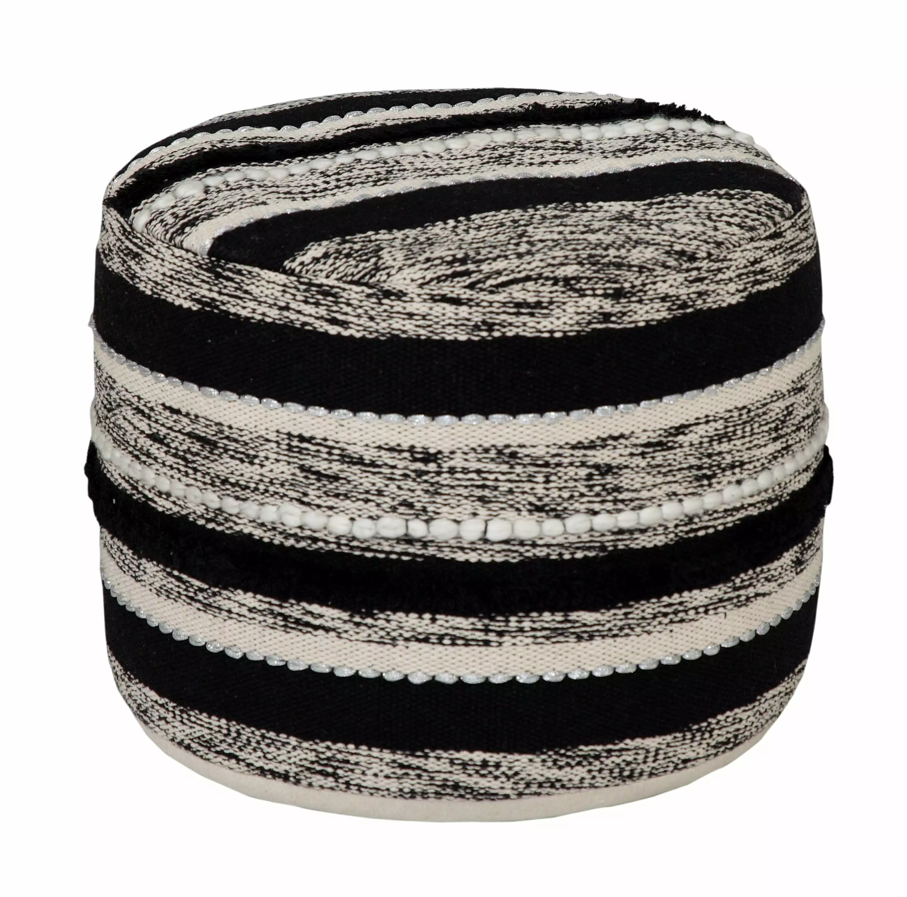 LR Home Small Braided Striped Indoor Round Pouf Black Natural 18 x 18 x 14