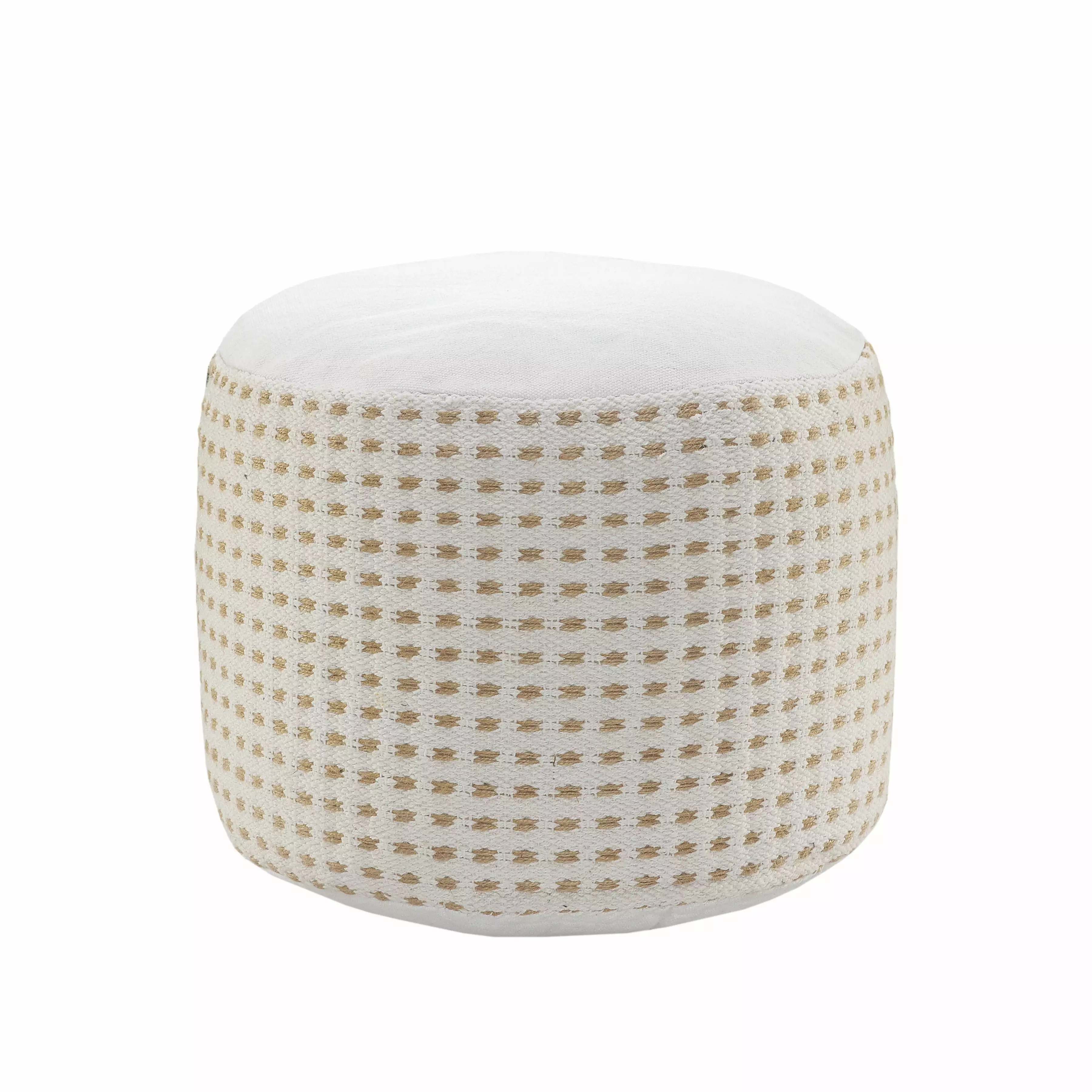 LR Home Small Embroidered Geometric Indoor Round Pouf White Tan 18 x 18 x 14