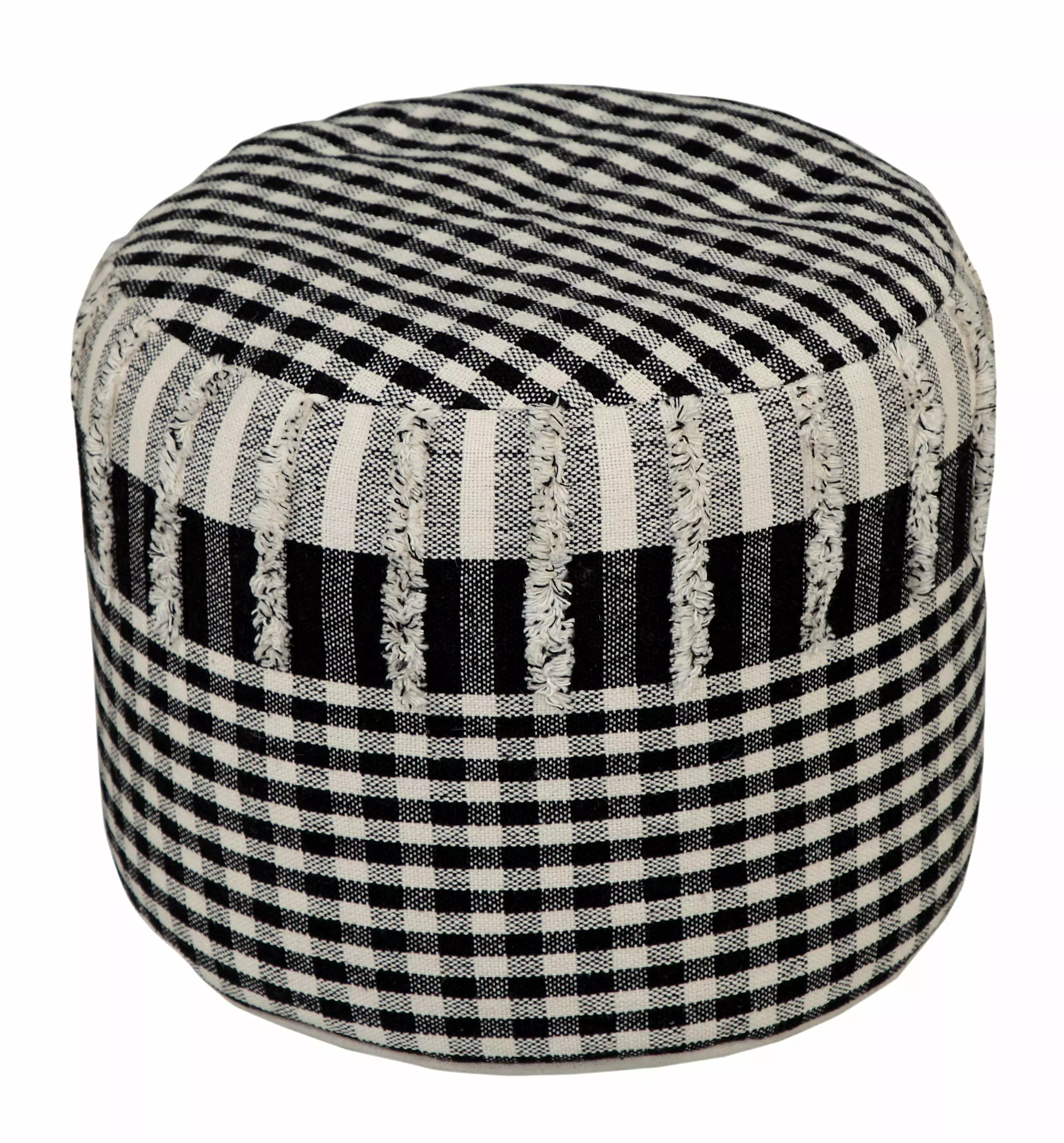 LR Home Small Over-tufted Checkered Indoor Round Pouf Black Natural 18 x 18 x 14