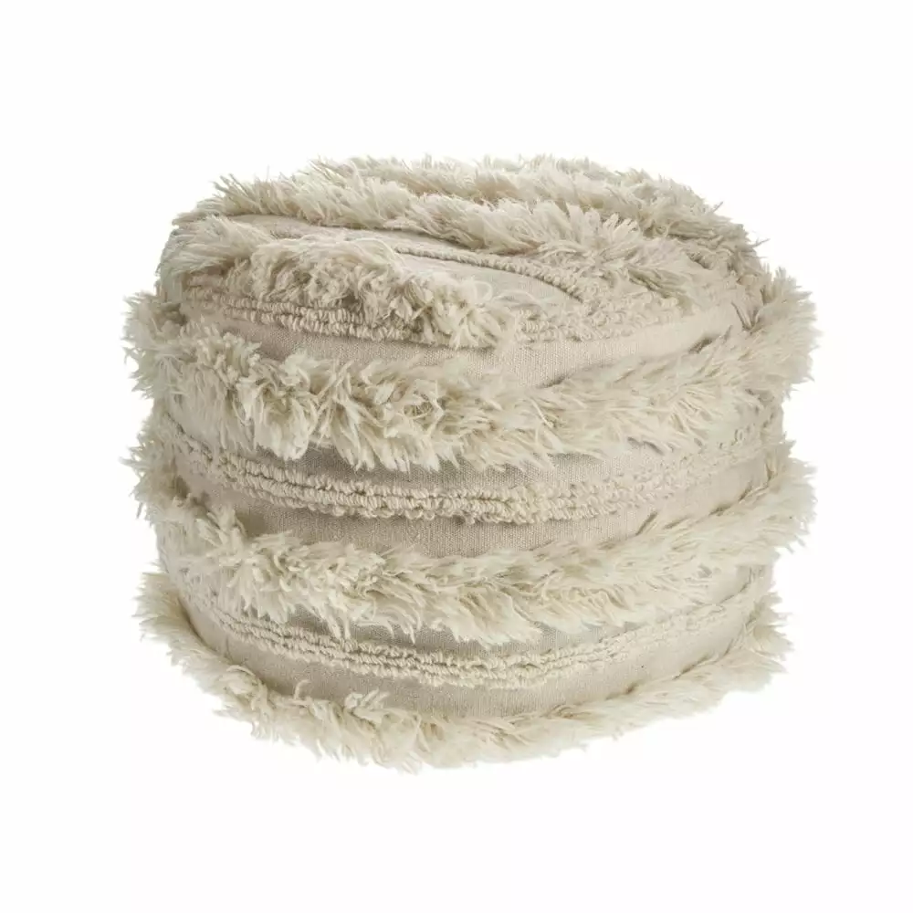 LR Home Small Over-tufted Striped Indoor Round Pouf Ivory 18 x 18 x 14