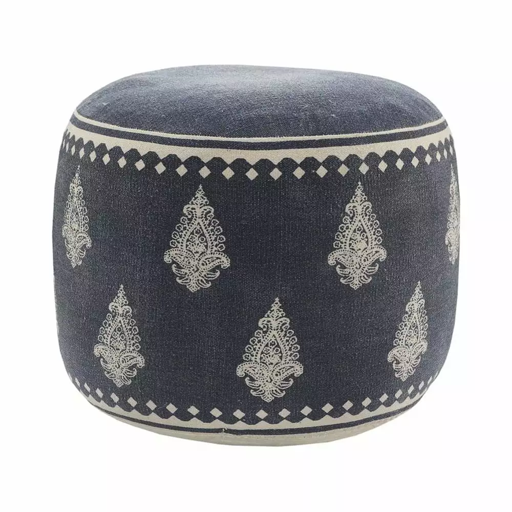 LR Home Small Paisley Indoor Round Pouf Navy Cream 18x18x14 Inch