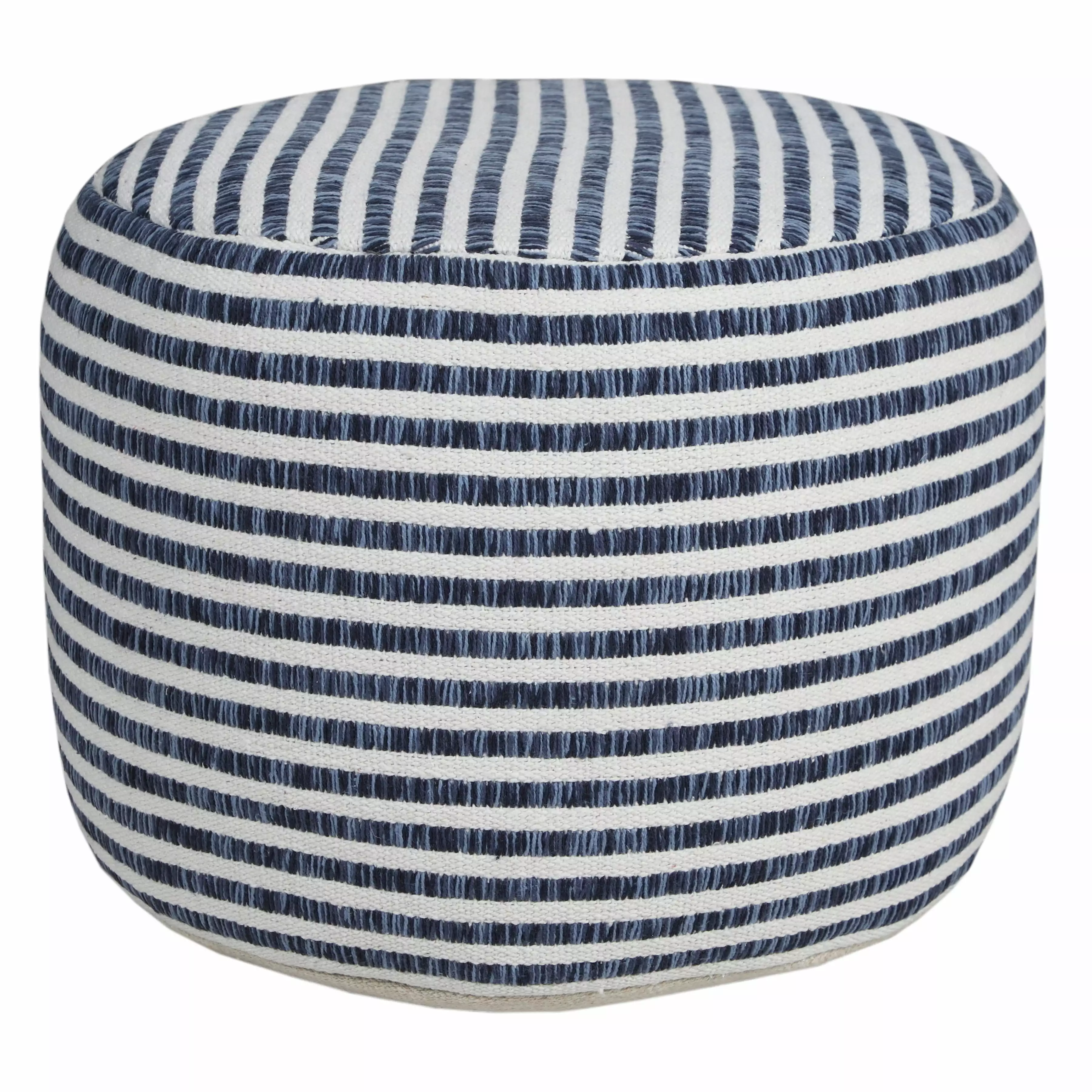 LR Home Small Striped Indoor Round Pouf Blue White 18x18x14