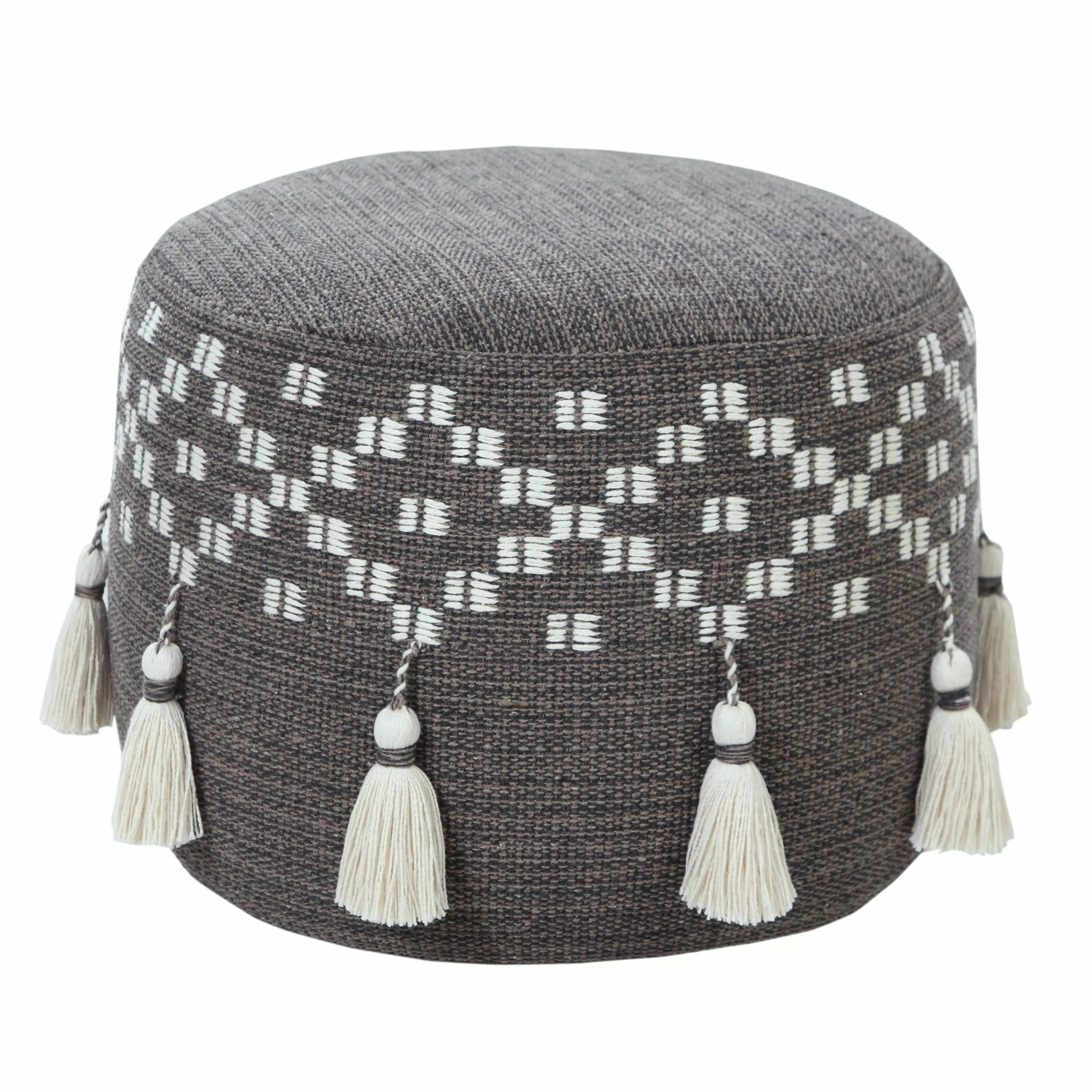 LR Home Small Tassels Geometric Indoor Round Pouf Gray Tan 18 x 18 x 14