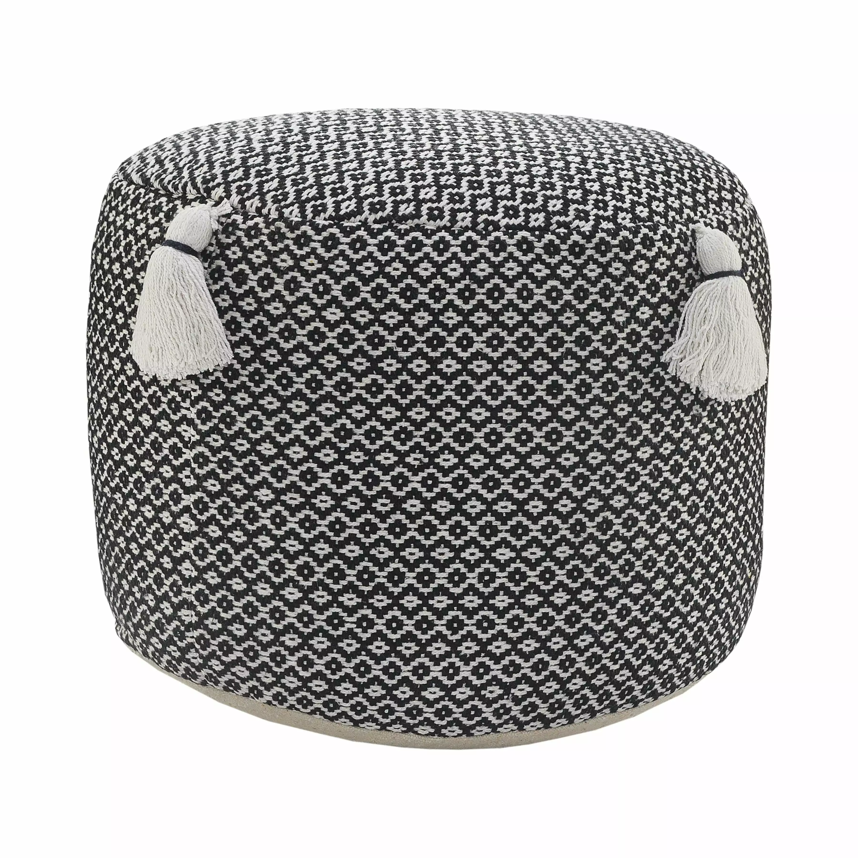 LR Home Small Tassels Geometric Indoor Round Pouf Black White 18 x 18 x 14