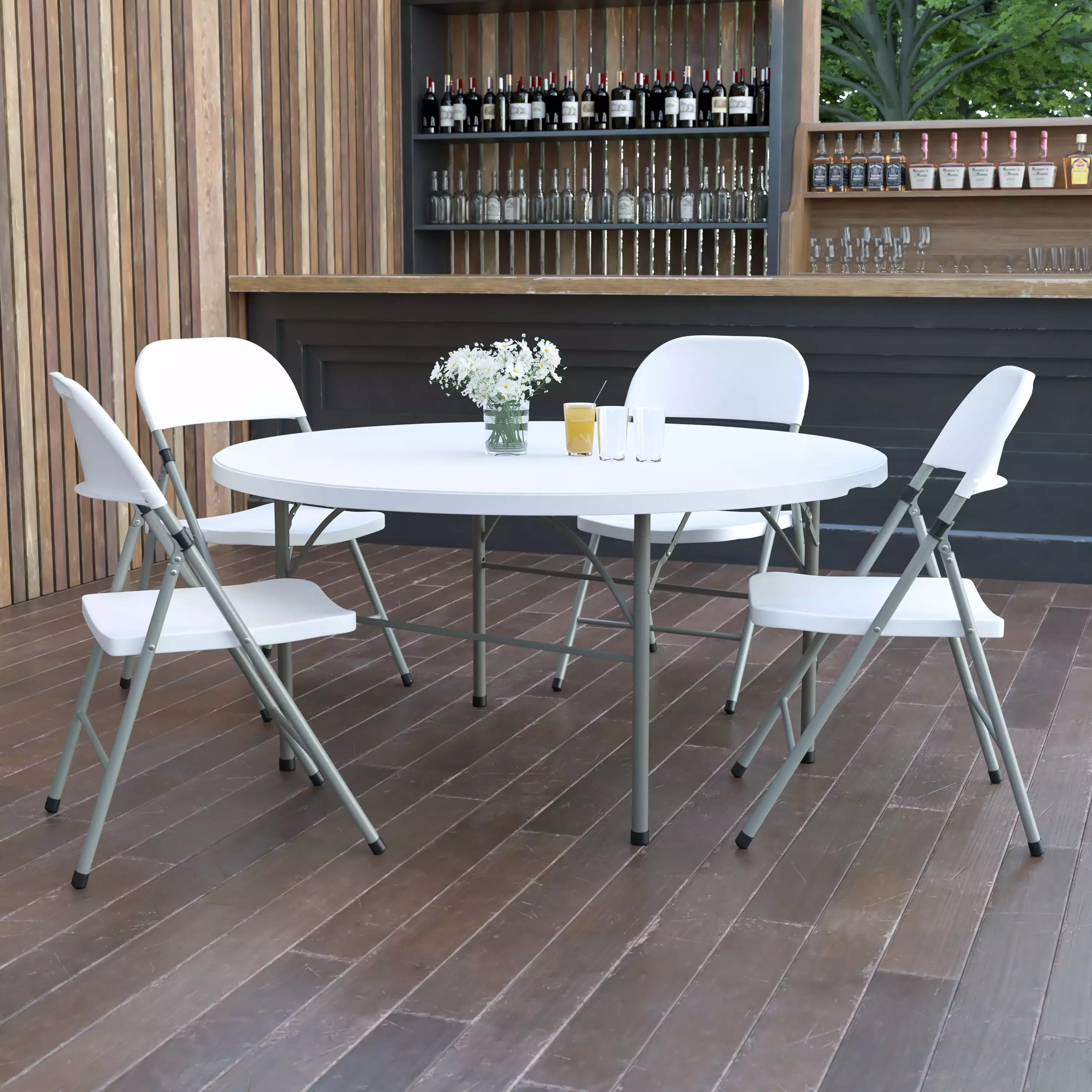 Emma + Oliver 5 Foot Round Bi-Fold Granite White Plastic Folding Table Carrying Handle