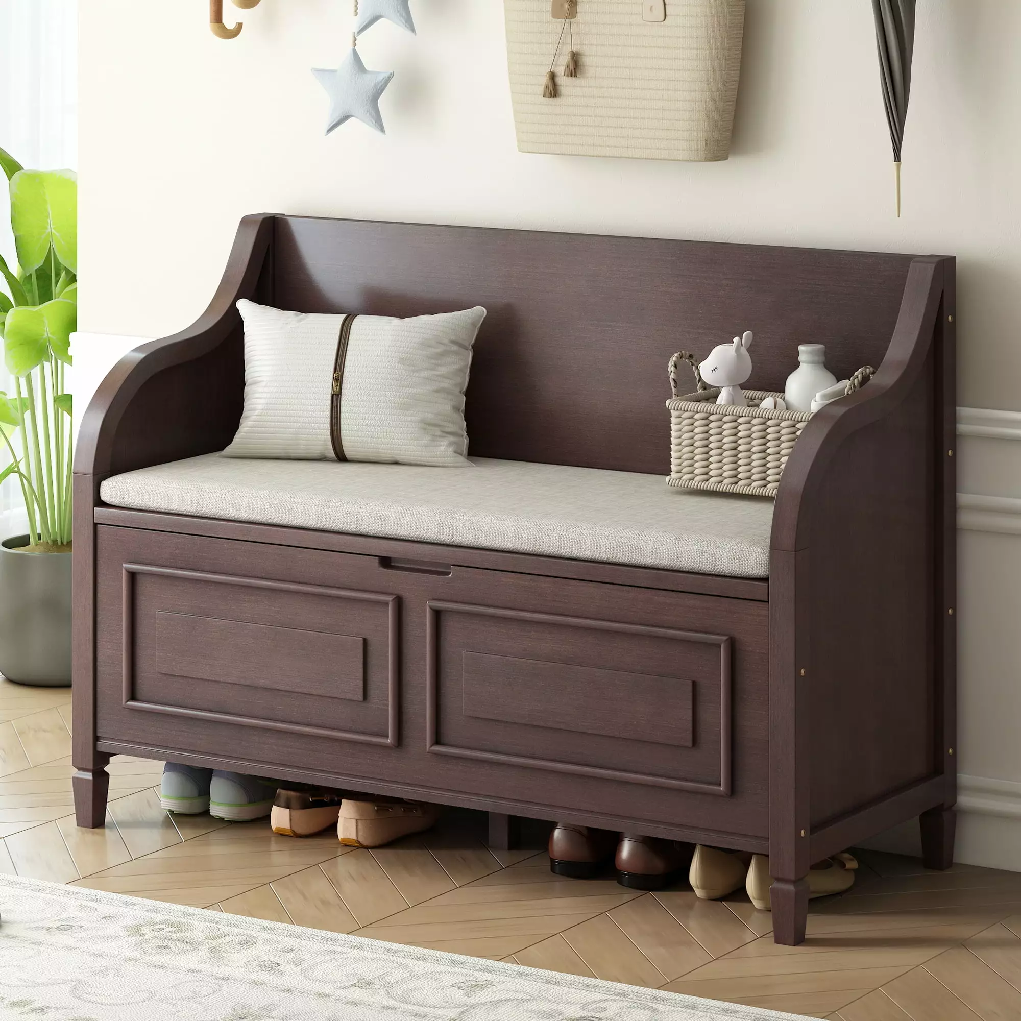 TREXM Rustic Style Solid Wood Entryway Multifunctional Storage Bench Espresso and Beige - Safety Hinge Design Benches Ghis...