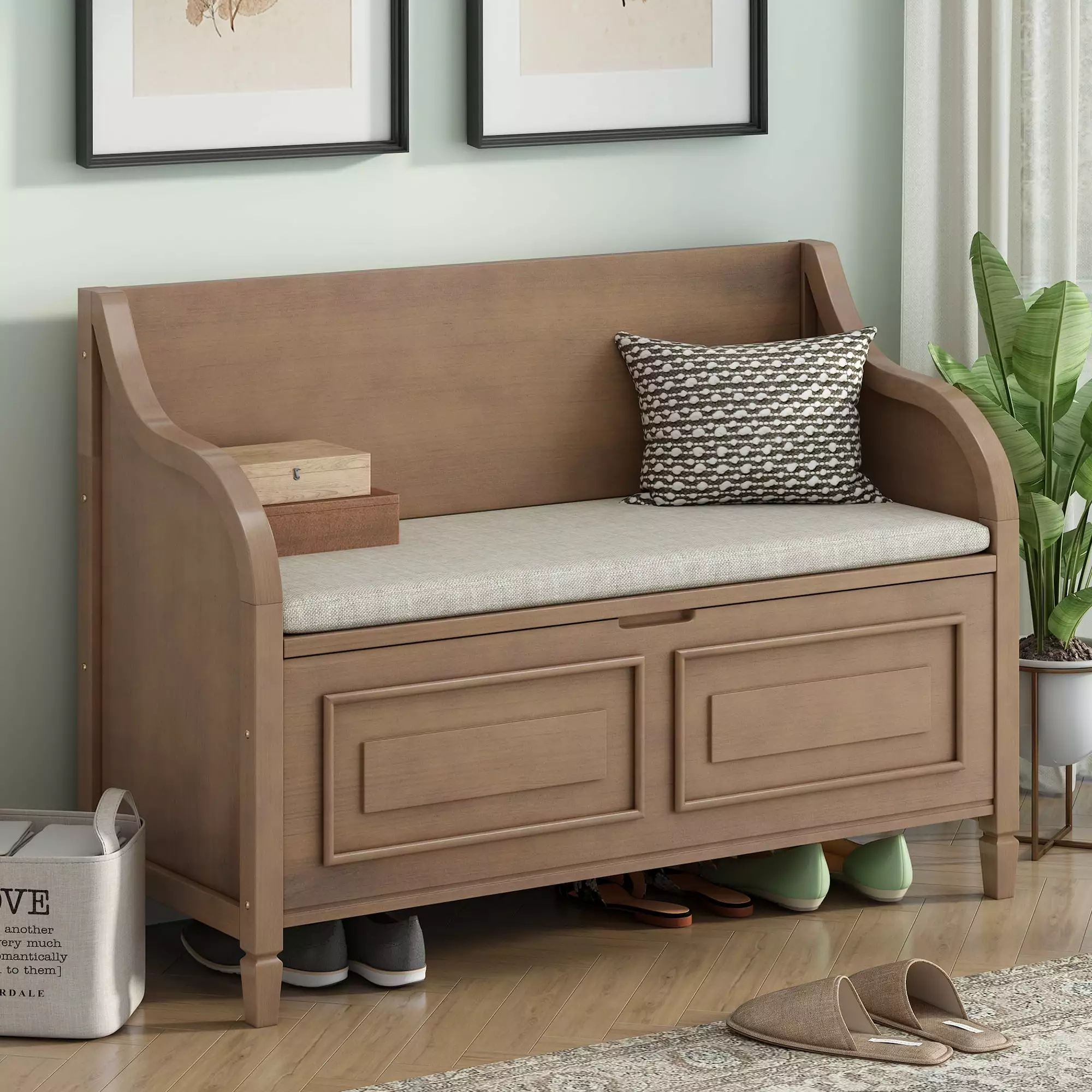 TREXM Rustic Style Solid Wood Entryway Multifunctional Storage Bench Brown and Beige - Safety Hinge Design Benches Ghislaine