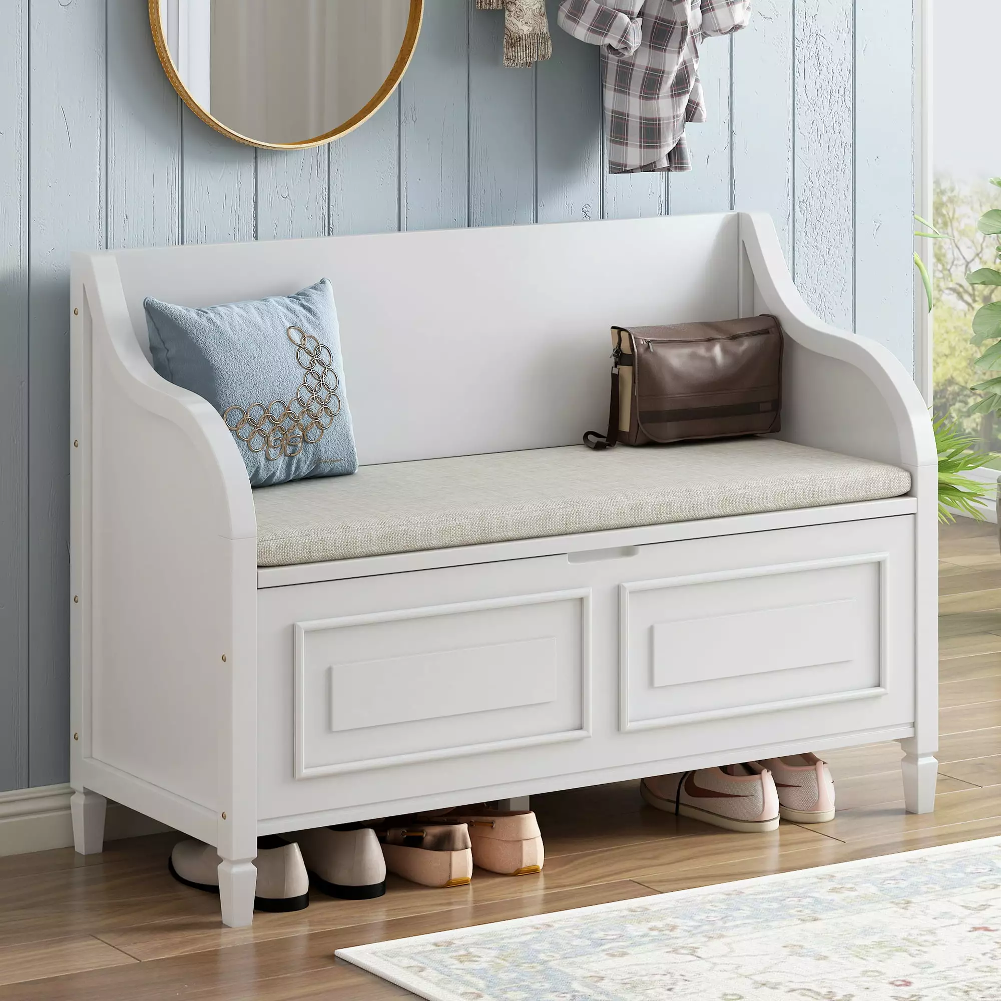 TREXM Rustic Style Solid Wood Entryway Multifunctional Storage Bench White and Beige - Safety Hinge Design Benches Ghislaine