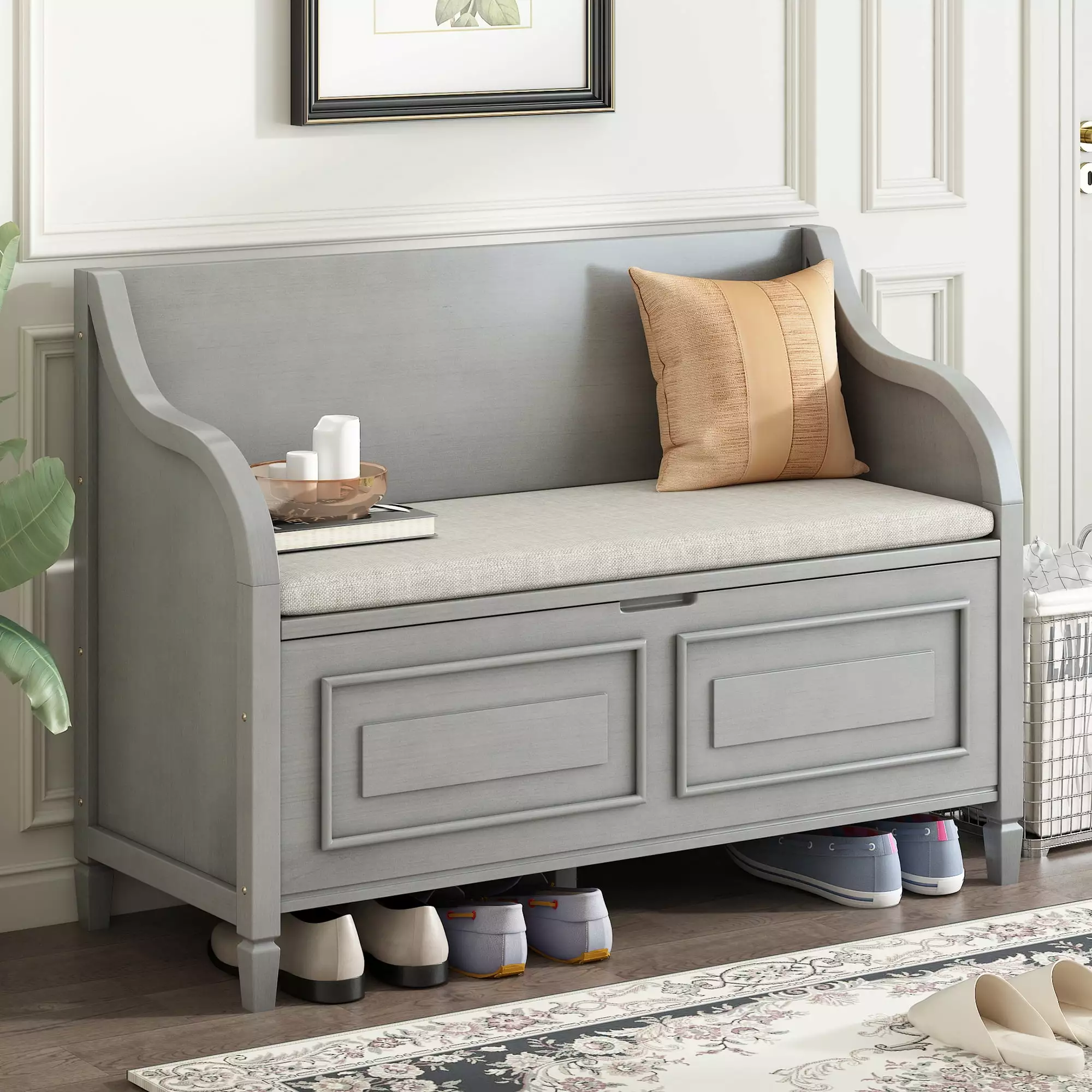 TREXM Rustic Style Solid Wood Entryway Multifunctional Storage Bench Gray Wash and Beige - Safety Hinge Design Benches Ghi...
