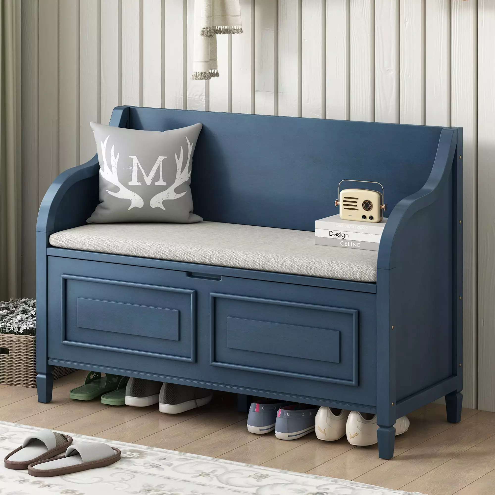 TREXM Rustic Style Solid Wood Entryway Multifunctional Storage Bench Antique Navy and Beige - Safety Hinge Design Benches ...