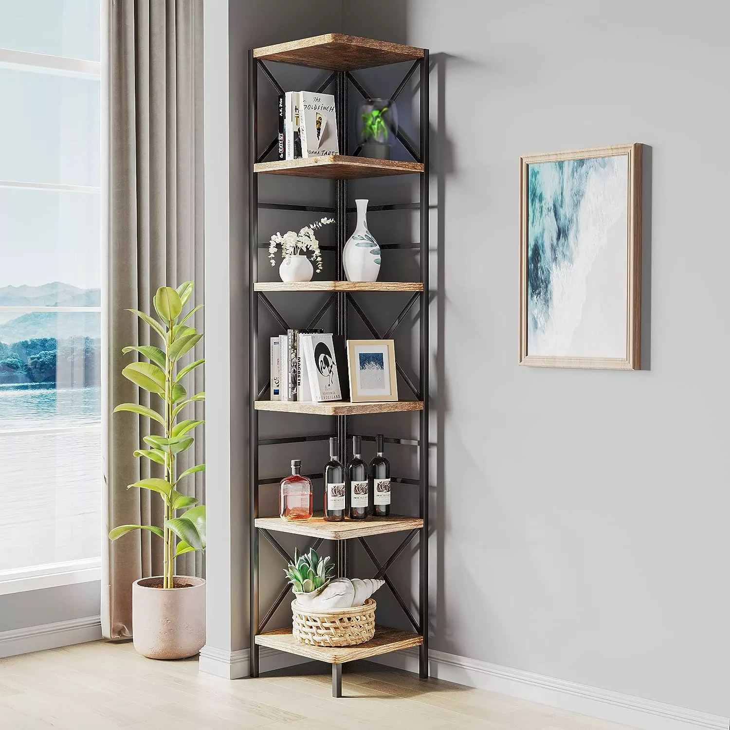 Corner Shelf Rustic Wood Corner Bookshelf 6-Tier Tall Shelves and Metal Frame Chansong