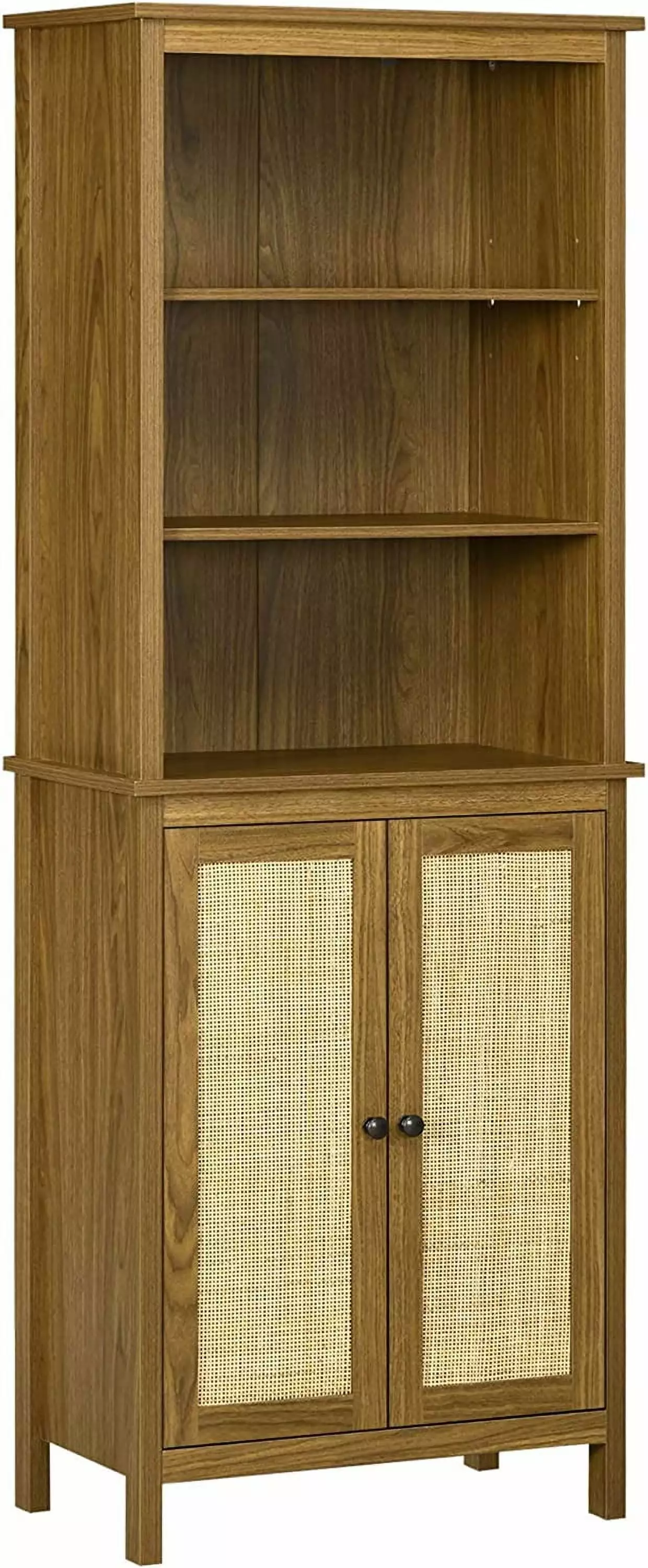 Elegant Abode Rustic Bookshelf Cabinet & Rattan Tall Wooden Bookcase Doors and Shelves Study Living Room Home Office Walnut