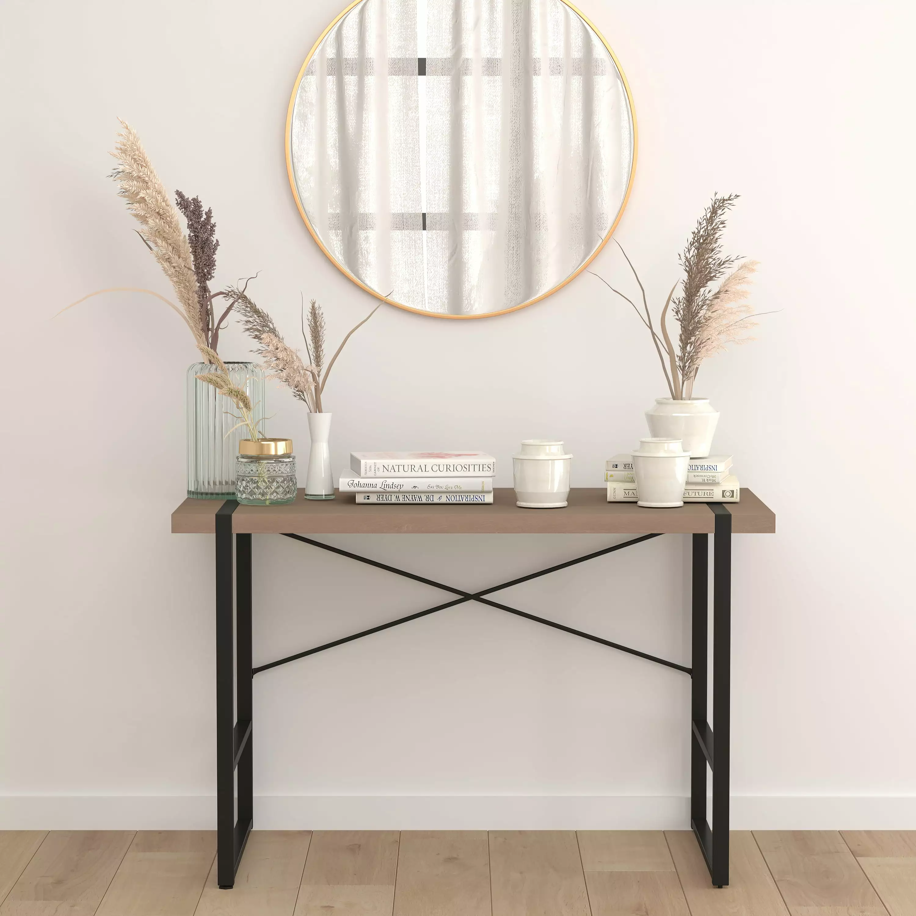 Emma + Oliver Rustic Wood Grain Finish Console Table Cross Brace Backing Console